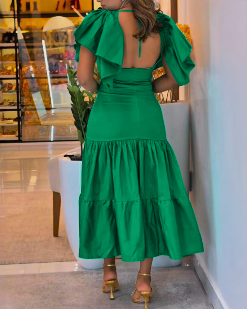 V-Neck Ruffles Flutter Sleeve Zipper Back Dress Casual Backless Tied Back Ruffle Hem Maxi Dress