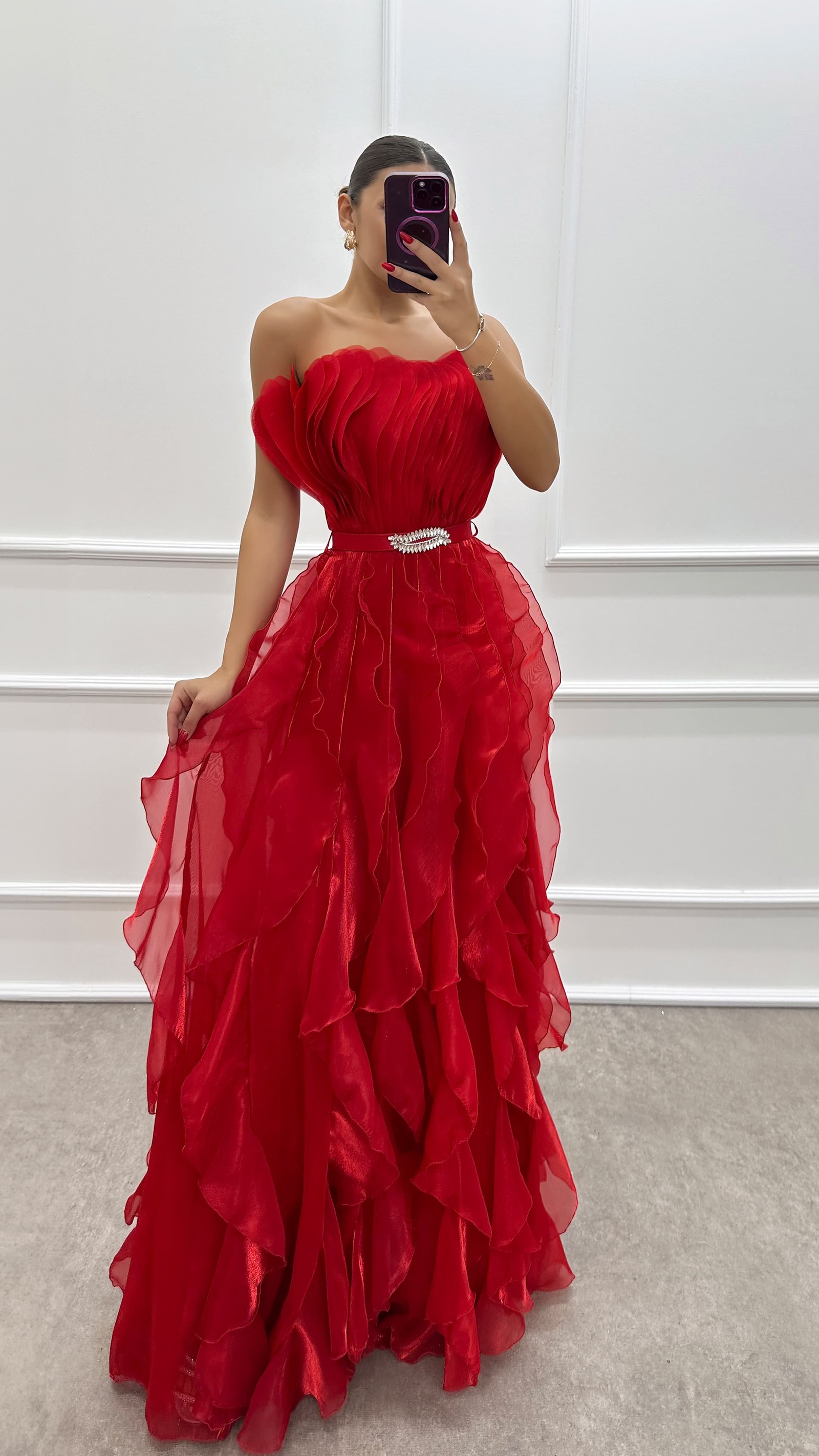 ORANGE STRAPLESS FLYWHEEL DETAIL BELTED EVENING DRESS