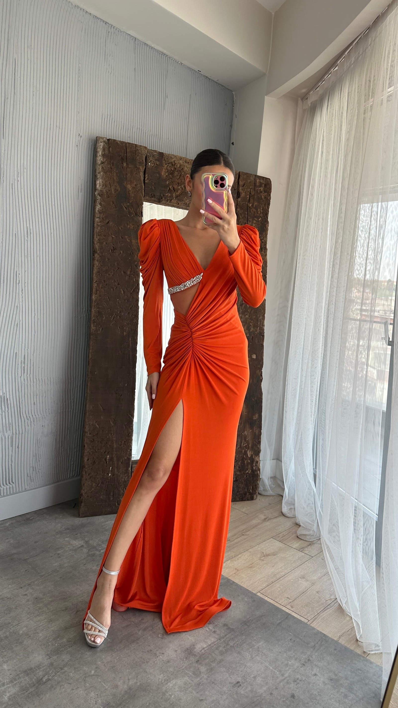 ORANGE WAIST DETAIL EMBROIDERED DRAPED DESIGN EVENING DRESS