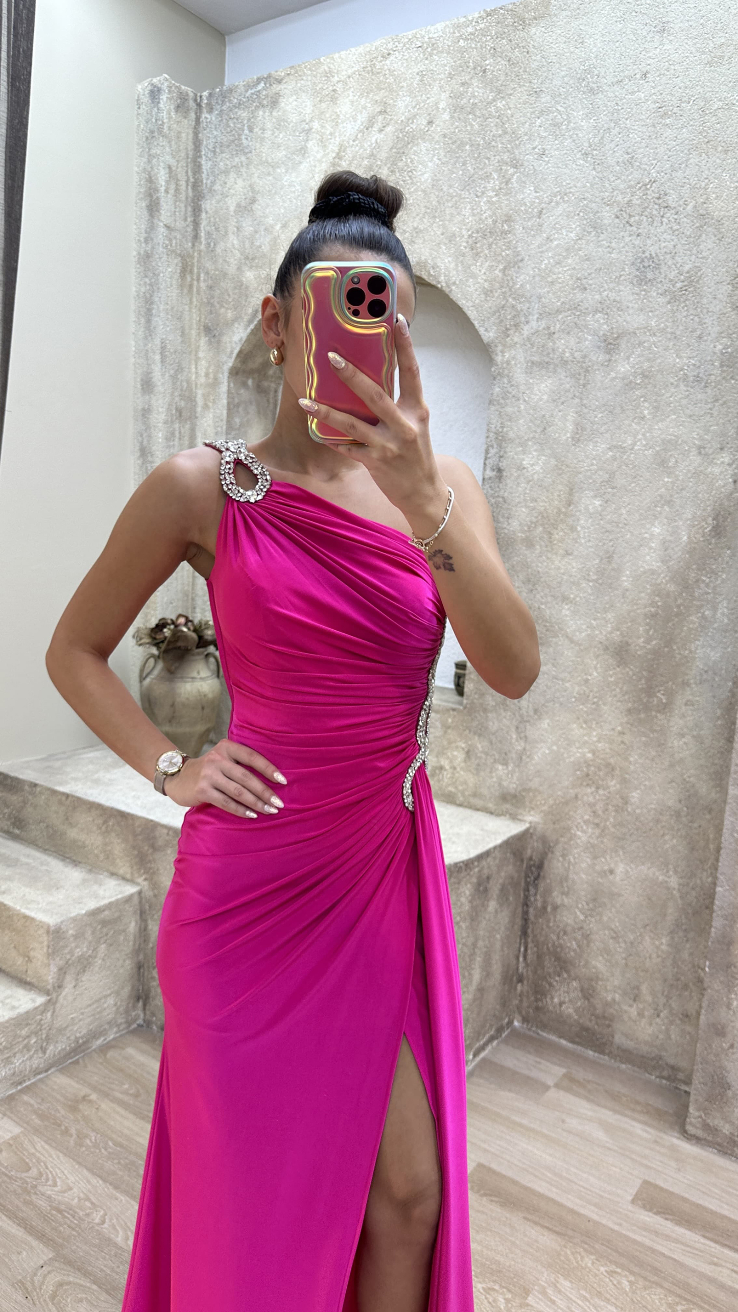 ONE SHOULDER WAIST DETAIL STONE EMBROIDERED DRAPED DESIGN EVENING DRESS