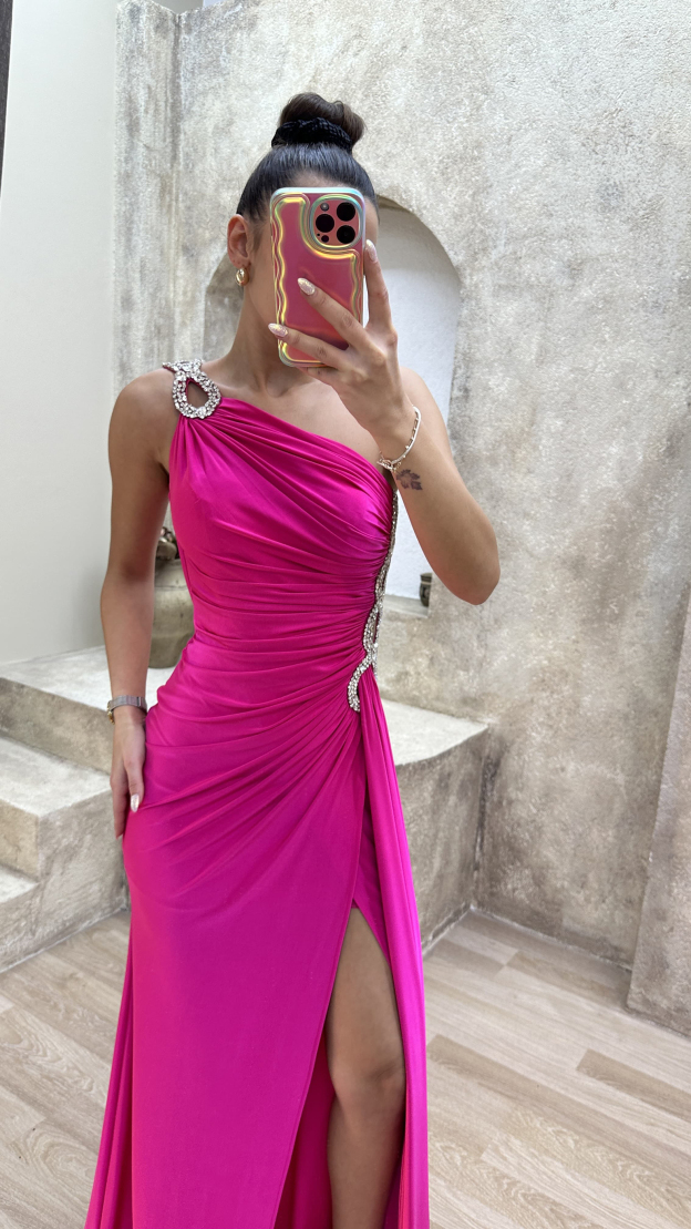 ONE SHOULDER WAIST DETAIL STONE EMBROIDERED DRAPED DESIGN EVENING DRESS