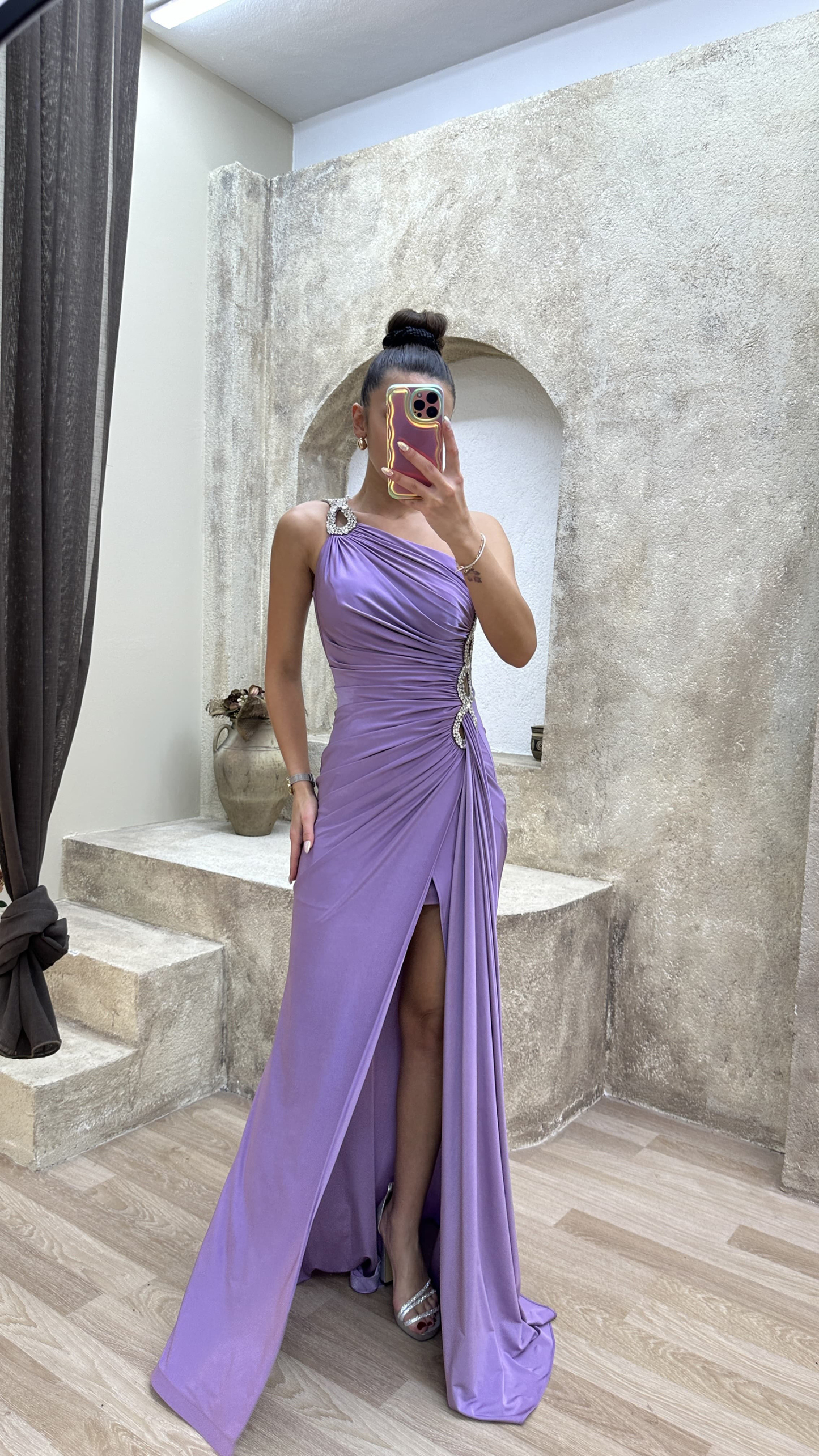 ONE SHOULDER WAIST DETAIL STONE EMBROIDERED DRAPED DESIGN EVENING DRESS