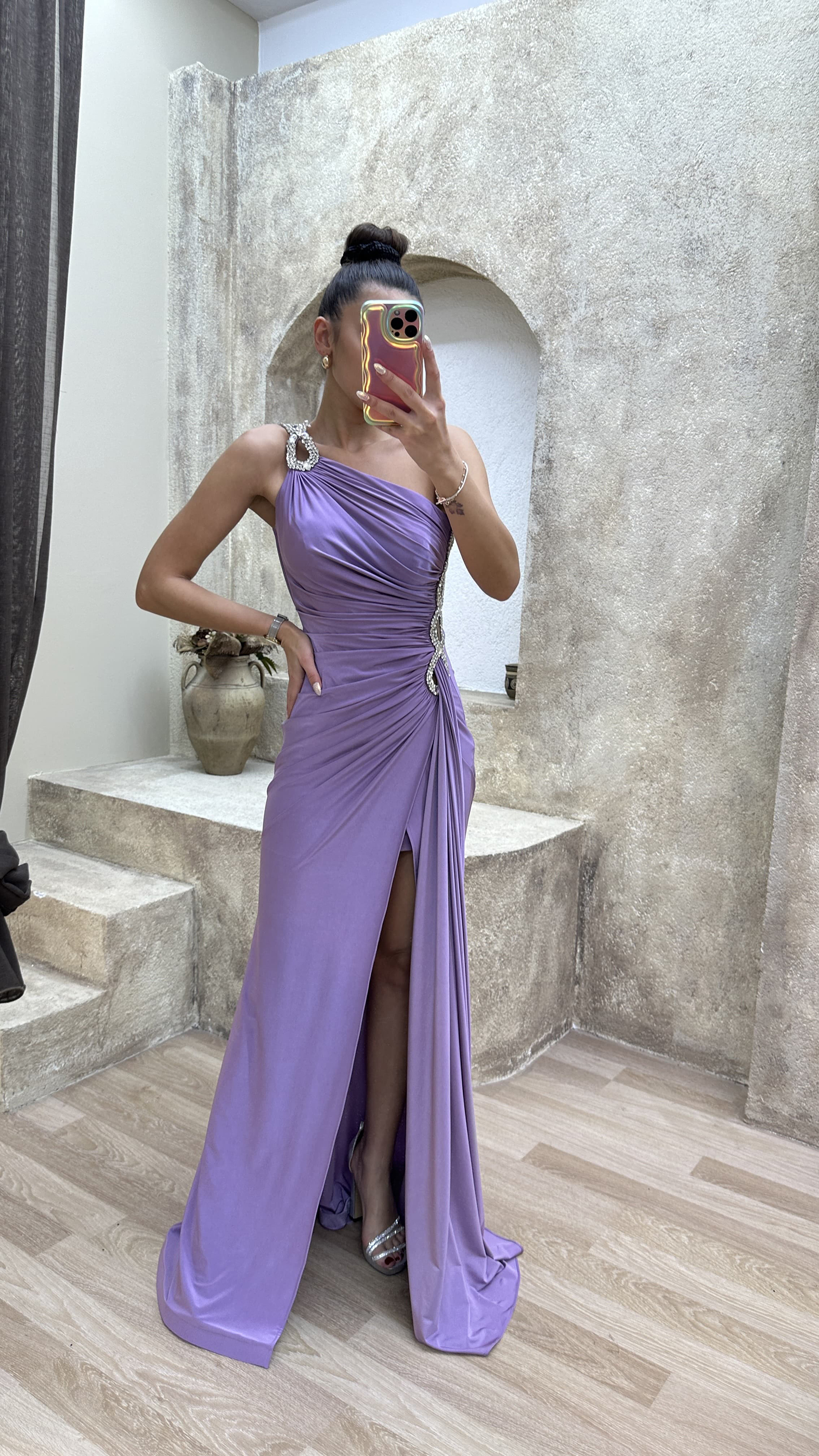 ONE SHOULDER WAIST DETAIL STONE EMBROIDERED DRAPED DESIGN EVENING DRESS