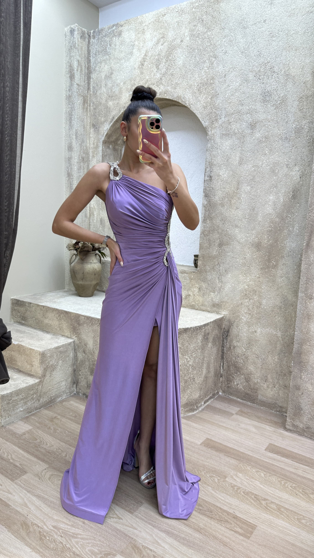 ONE SHOULDER WAIST DETAIL STONE EMBROIDERED DRAPED DESIGN EVENING DRESS