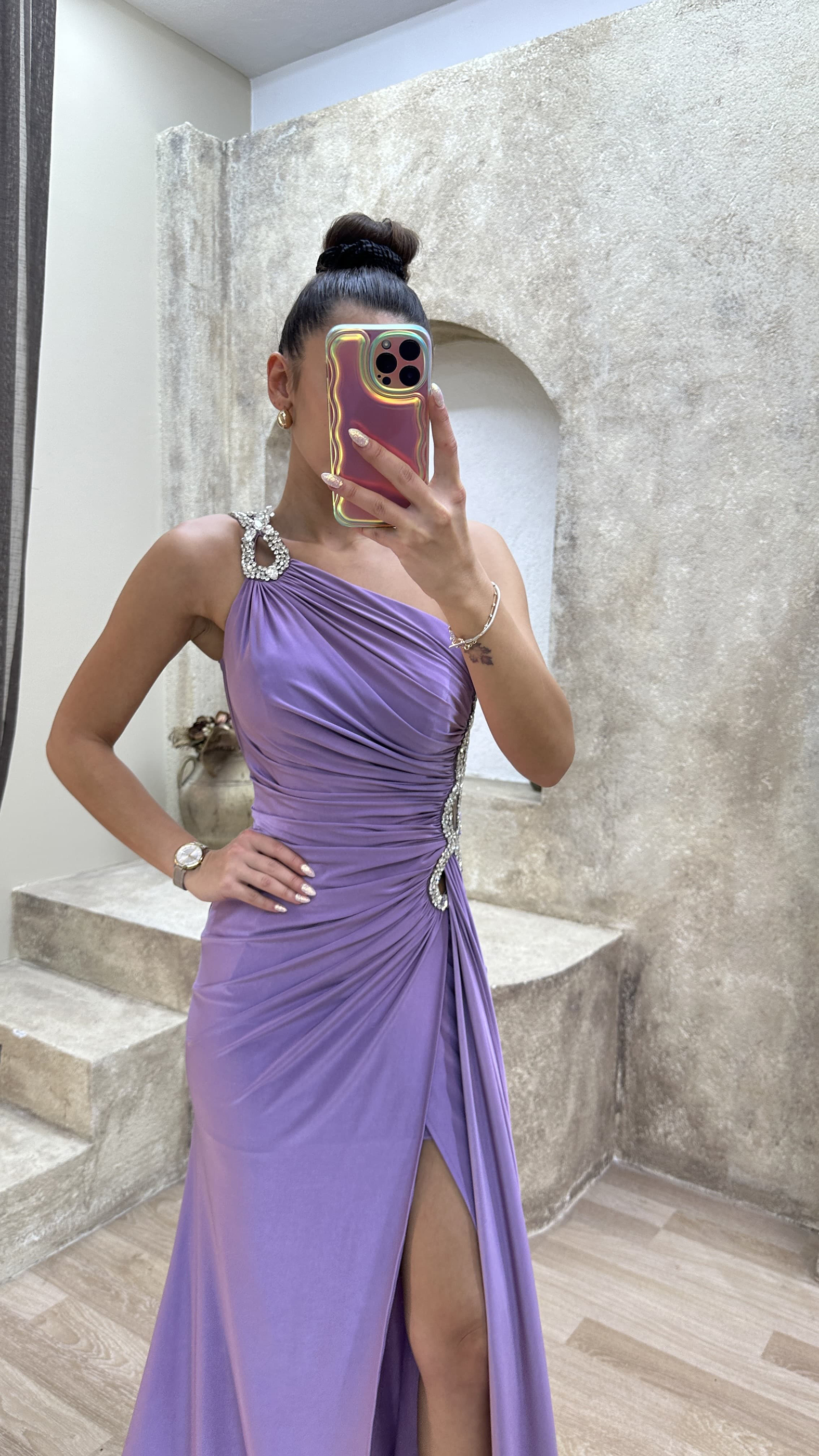 ONE SHOULDER WAIST DETAIL STONE EMBROIDERED DRAPED DESIGN EVENING DRESS