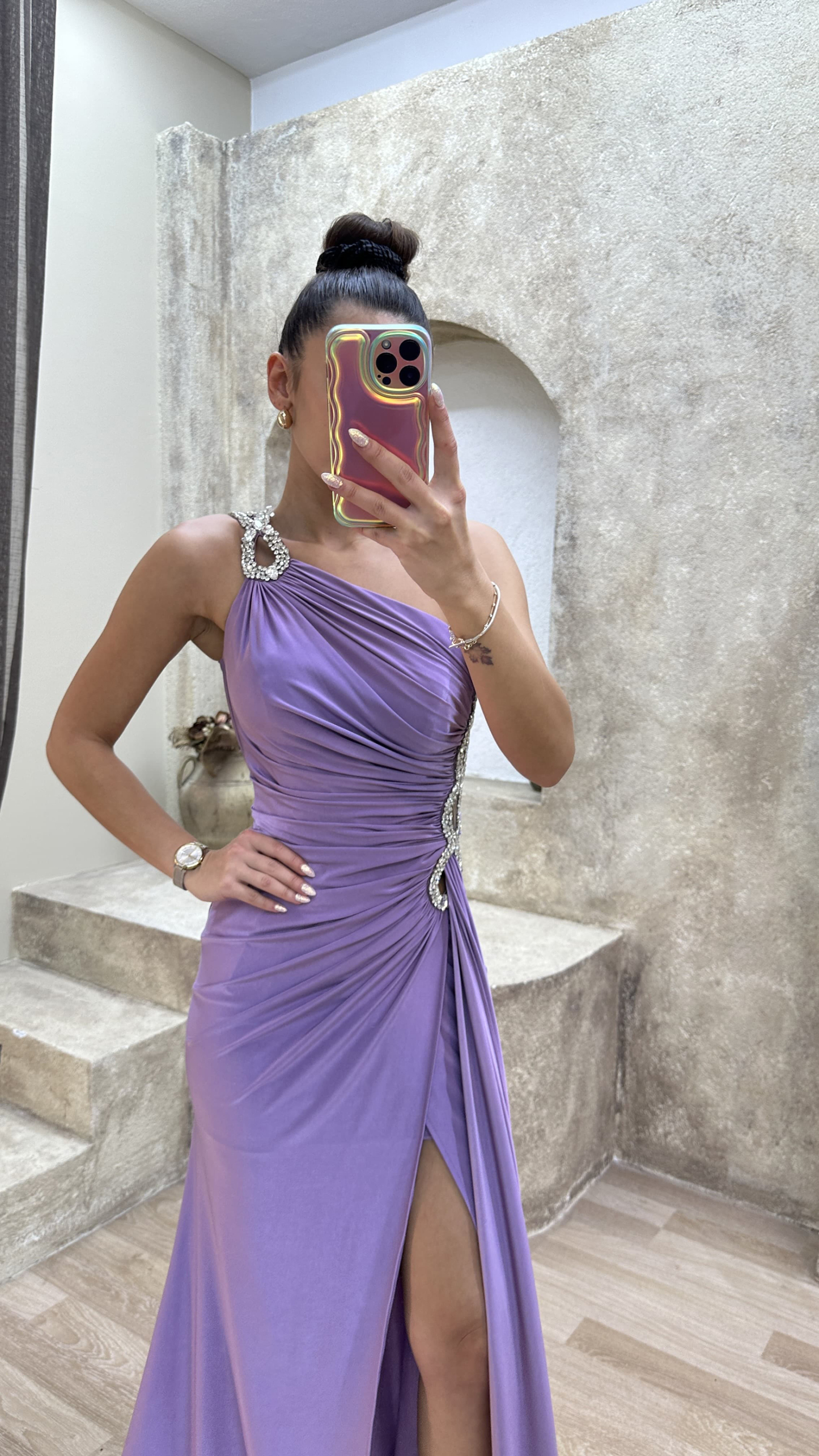 ONE SHOULDER WAIST DETAIL STONE EMBROIDERED DRAPED DESIGN EVENING DRESS