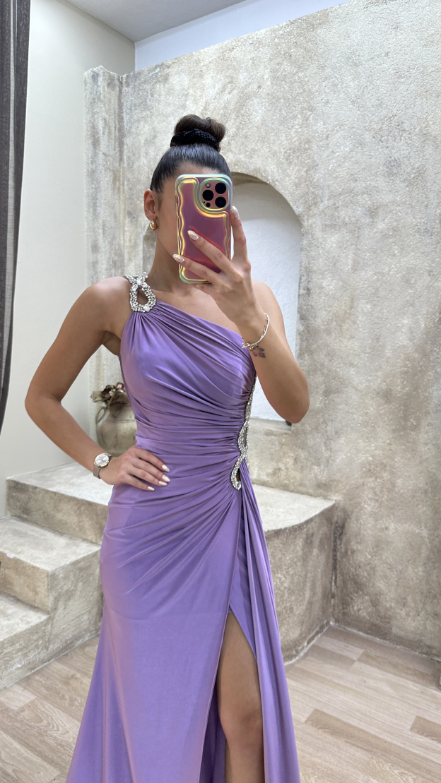 ONE SHOULDER WAIST DETAIL STONE EMBROIDERED DRAPED DESIGN EVENING DRESS