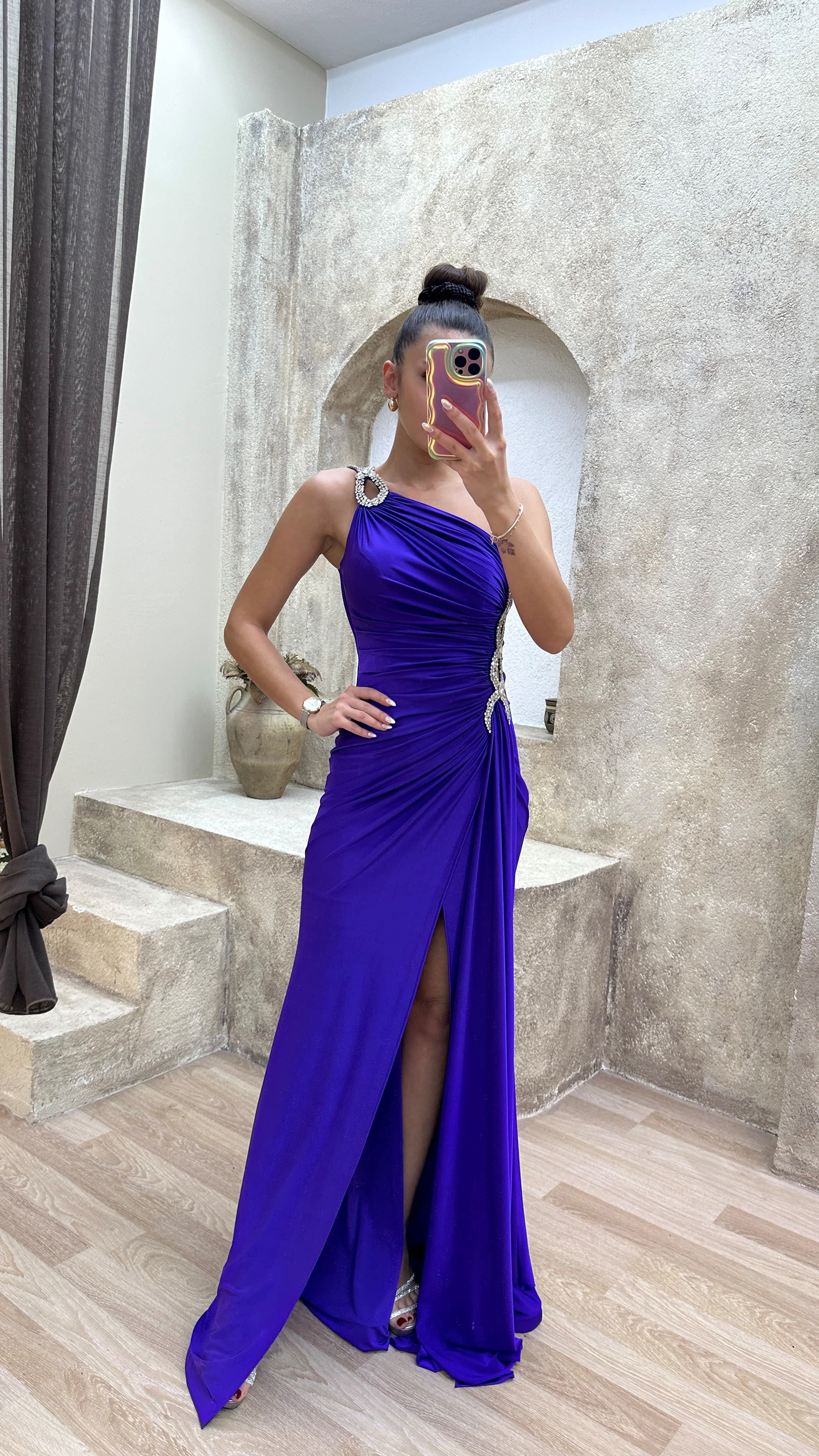 ONE SHOULDER WAIST DETAIL STONE EMBROIDERED DRAPED DESIGN EVENING DRESS