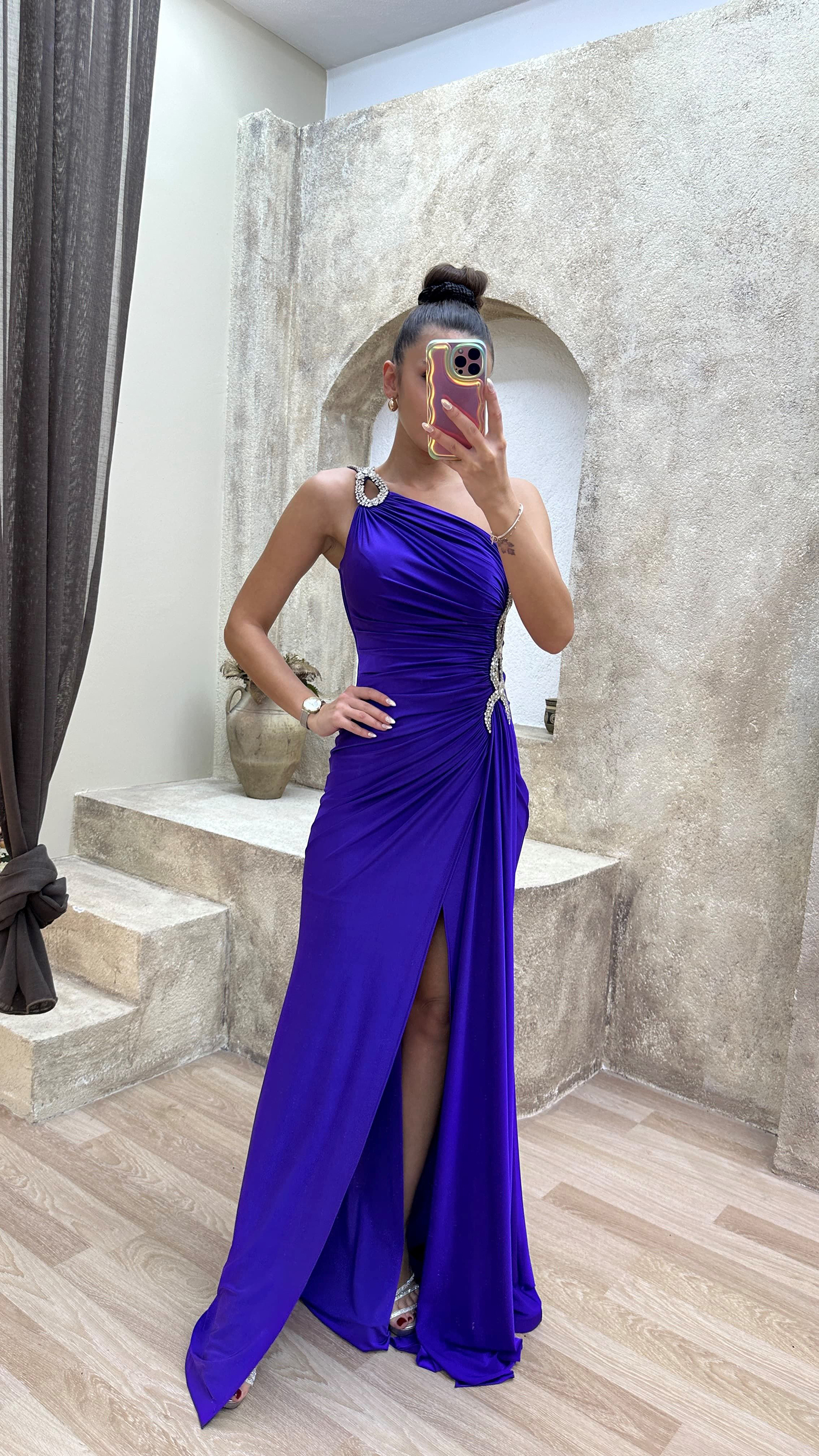 ONE SHOULDER WAIST DETAIL STONE EMBROIDERED DRAPED DESIGN EVENING DRESS