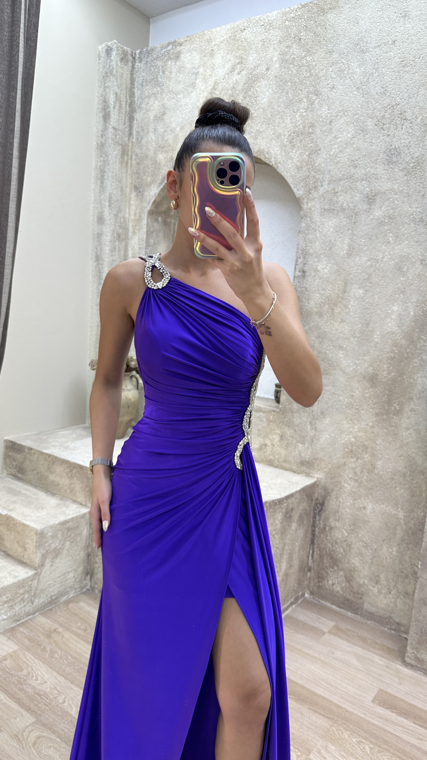ONE SHOULDER WAIST DETAIL STONE EMBROIDERED DRAPED DESIGN EVENING DRESS