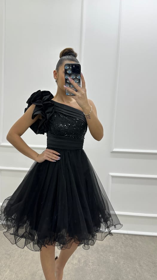ONE SHOULDER FLYWHEEL DETAIL DESIGN TULLE DRESS