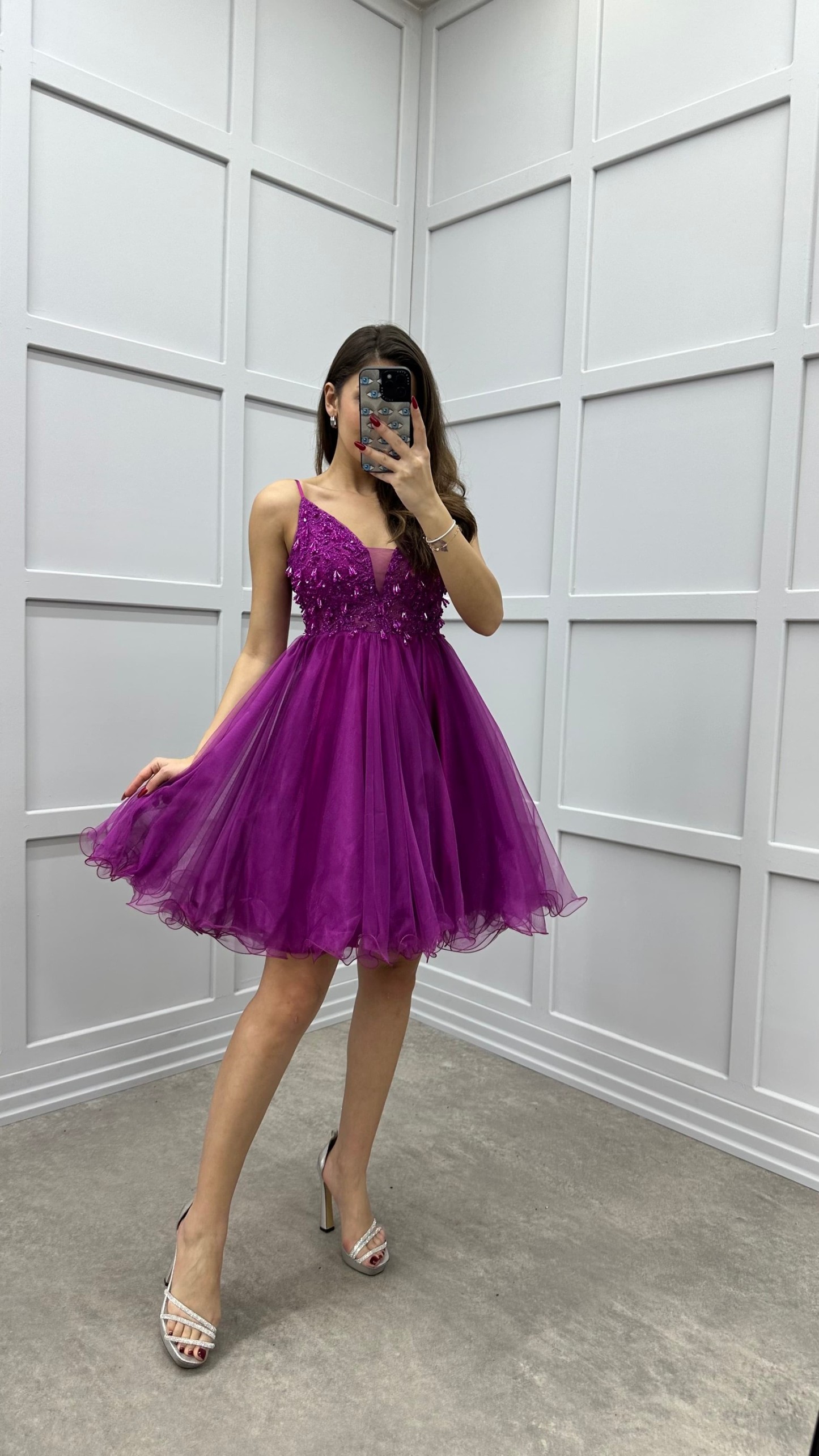 ROPE STRAP CHEST EMBROIDERED DESIGN TULLE DRESS