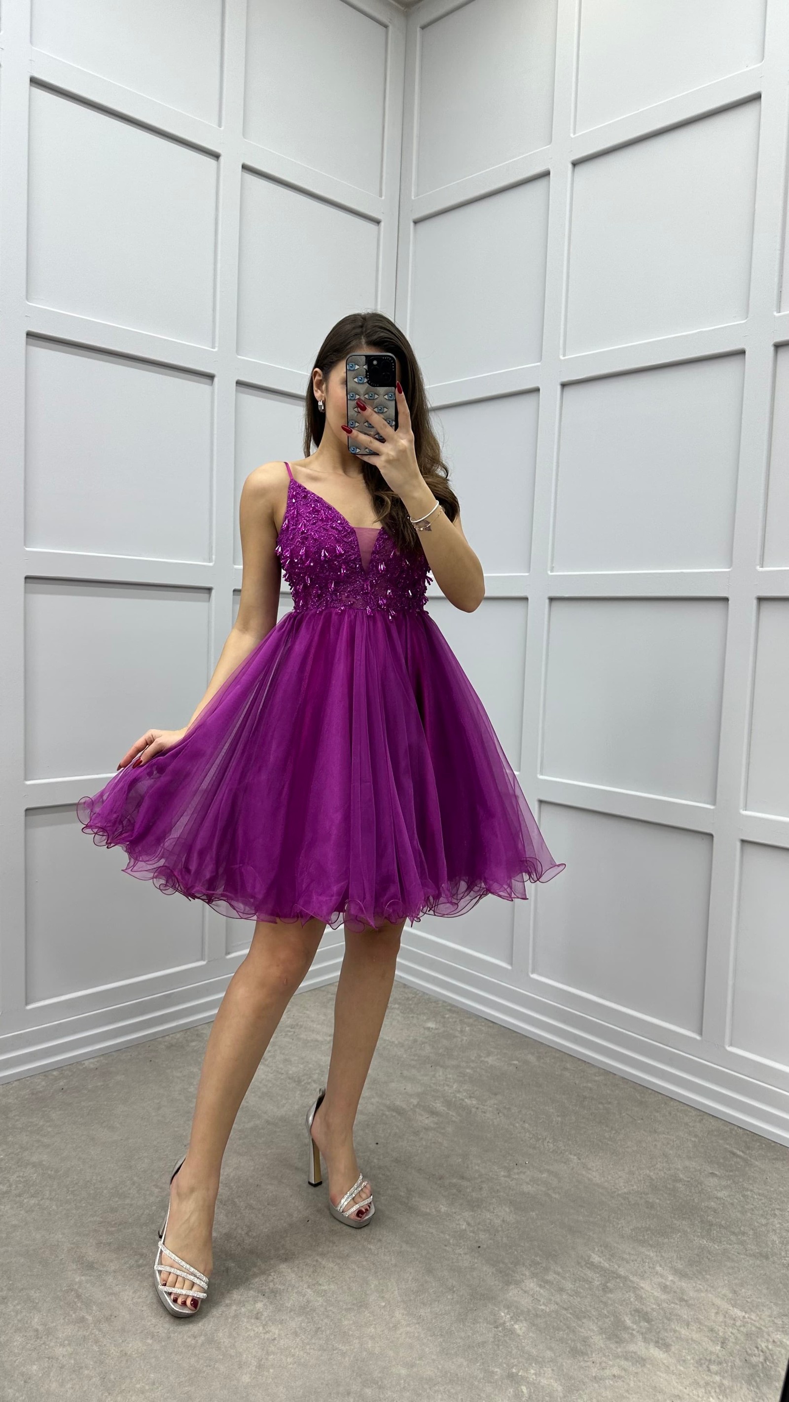 ROPE STRAP CHEST EMBROIDERED DESIGN TULLE DRESS