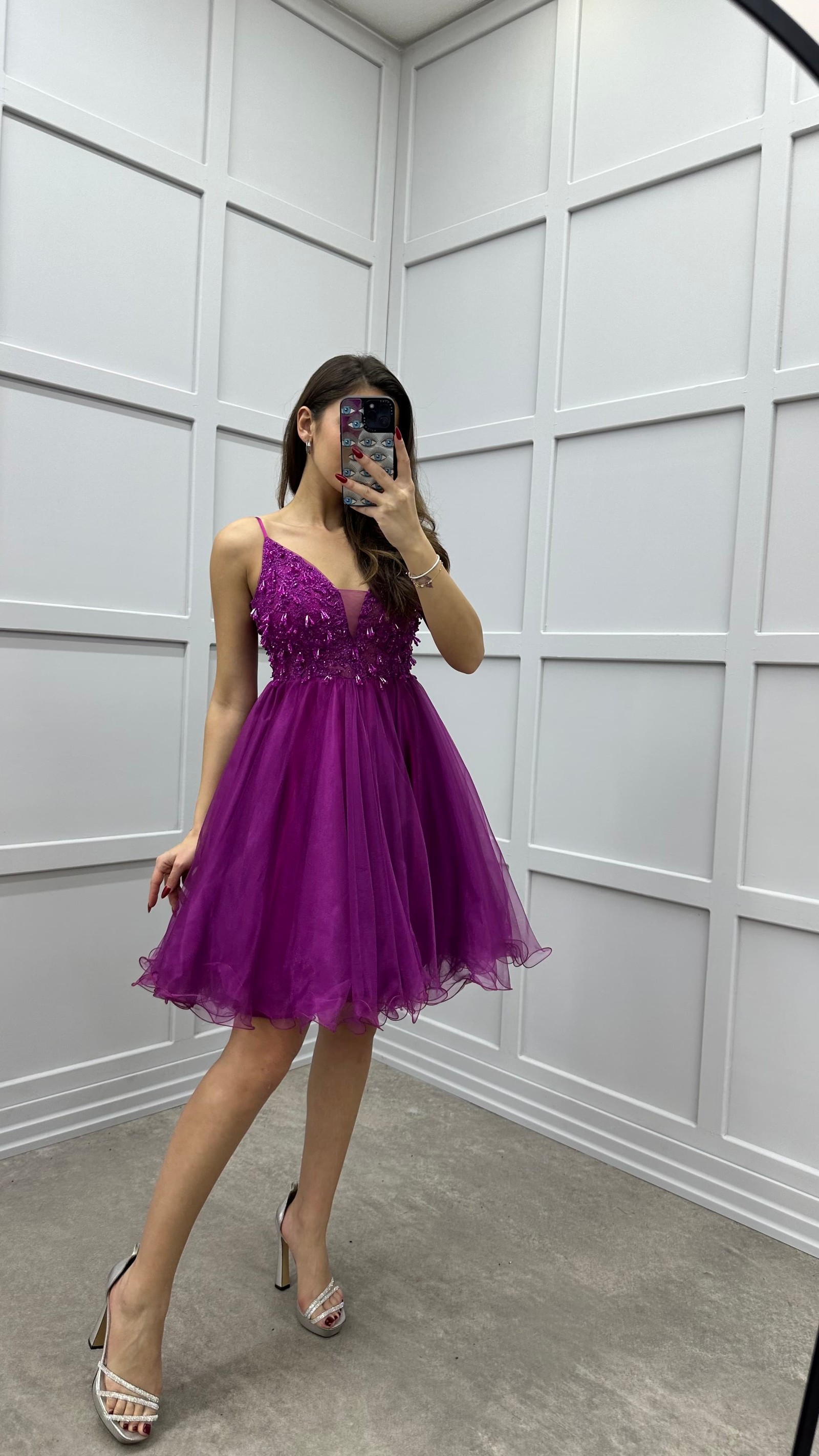 ROPE STRAP CHEST EMBROIDERED DESIGN TULLE DRESS