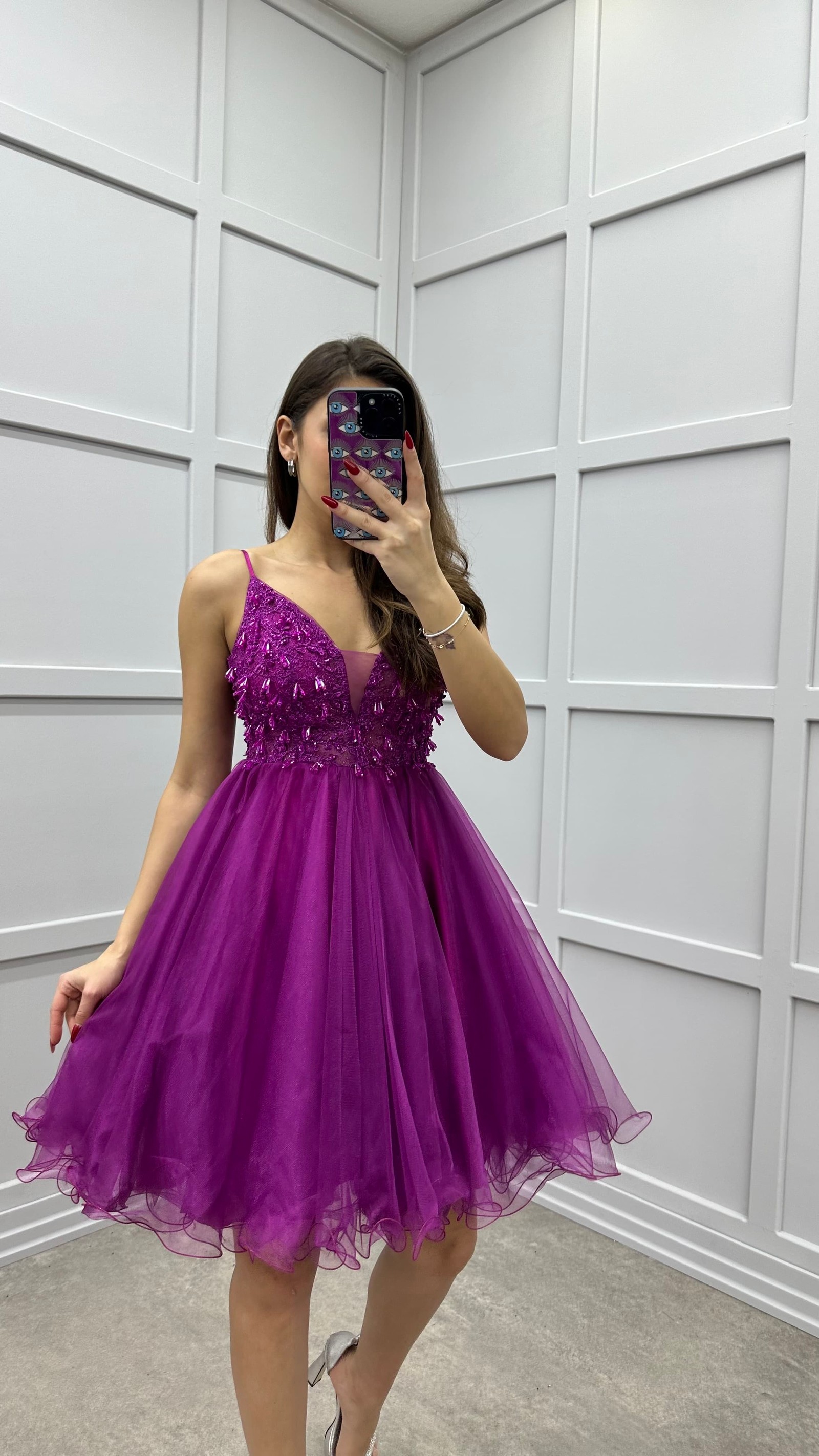 ROPE STRAP CHEST EMBROIDERED DESIGN TULLE DRESS