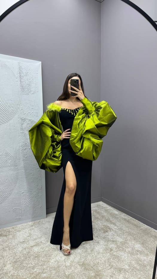 GREEN CHEST STONE FEATHER DETAIL BAT DESIGN EVENING DRESS