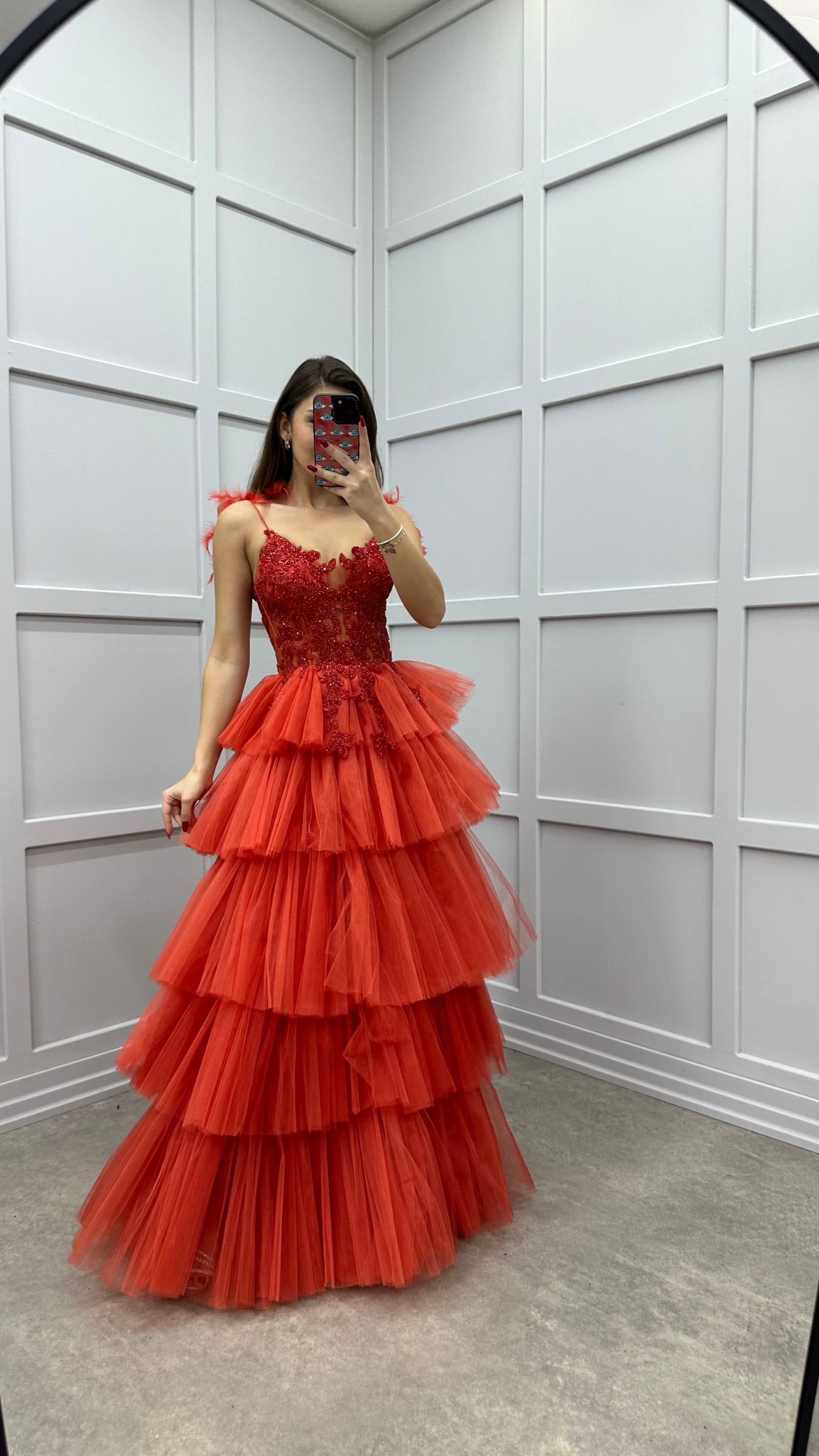 ORANGE SHOULDER FEATHER DETAIL EMBROIDERED LAYERED DESIGN DRESS