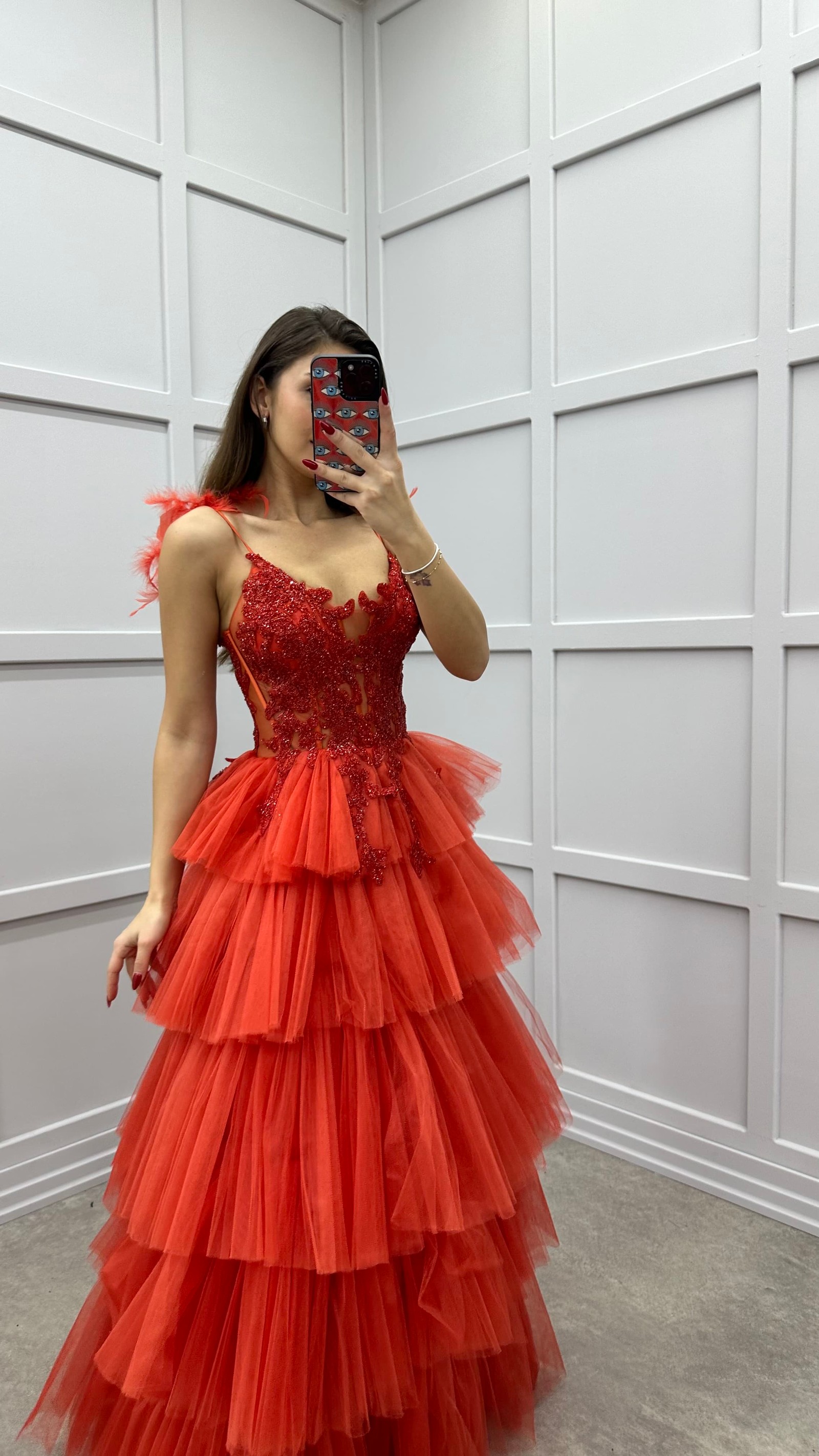 ORANGE SHOULDER FEATHER DETAIL EMBROIDERED LAYERED DESIGN DRESS