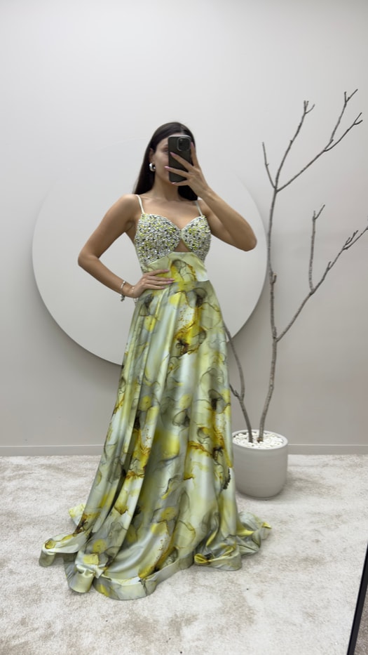 YELLOW ROPE STRAP CHEST EMBROIDERED PATTERNED DESIGN DRESS