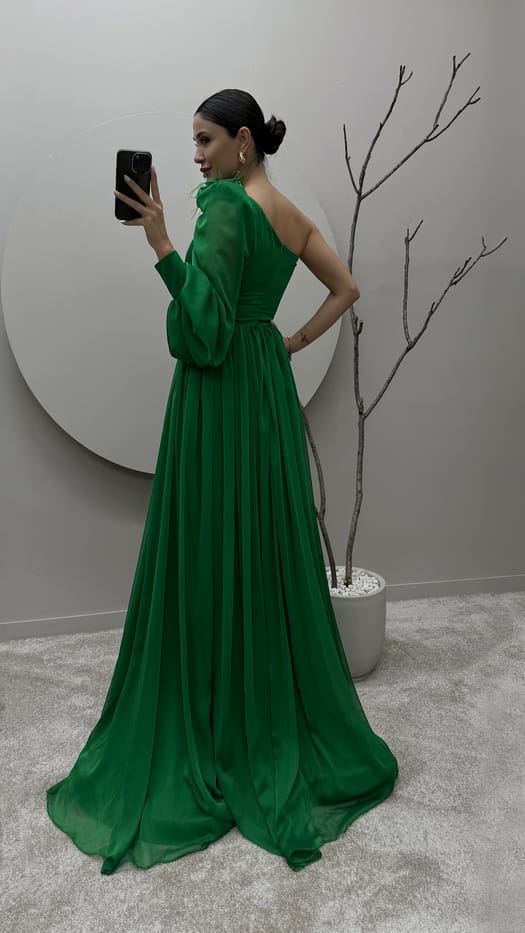 GREEN SINGLE SLEEVE SHOULDER AND WAIST ROSE DETAIL DESIGN DRESS