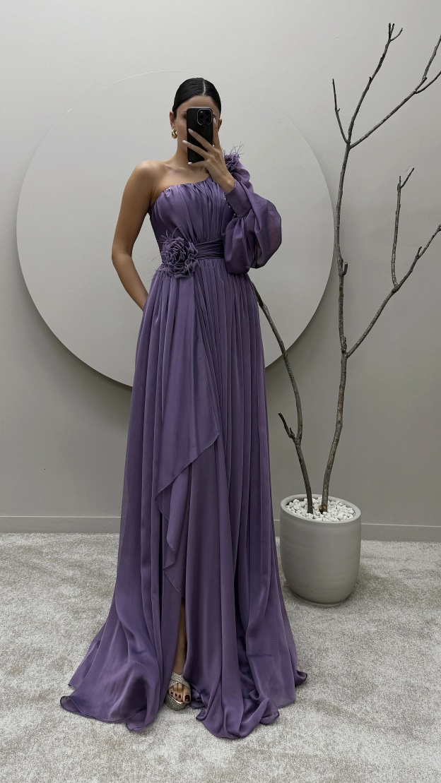 SINGLE SLEEVE SHOULDER AND WAIST ROSE DETAIL DESIGN DRESS