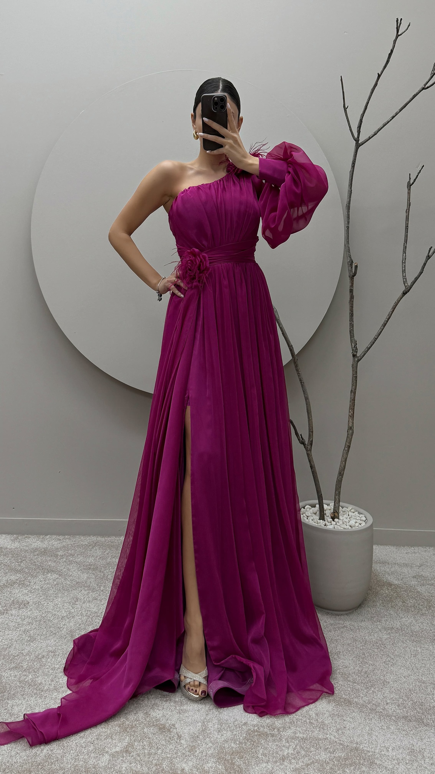 SINGLE SLEEVE SHOULDER AND WAIST ROSE DETAIL DESIGN DRESS