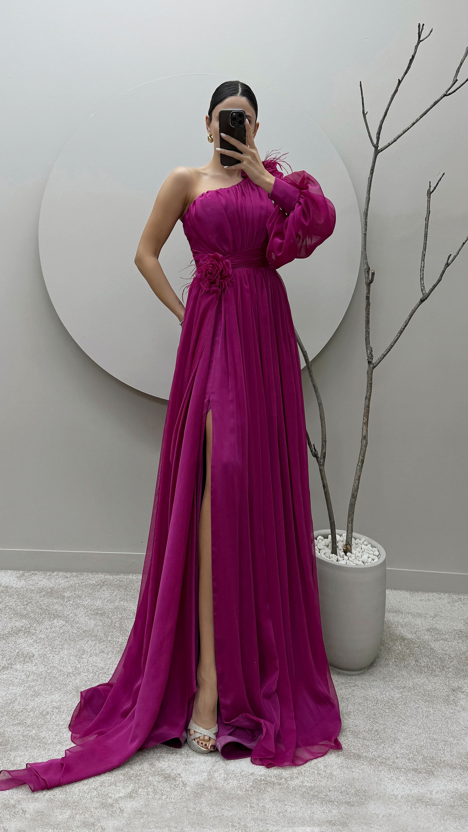 SINGLE SLEEVE SHOULDER AND WAIST ROSE DETAIL DESIGN DRESS