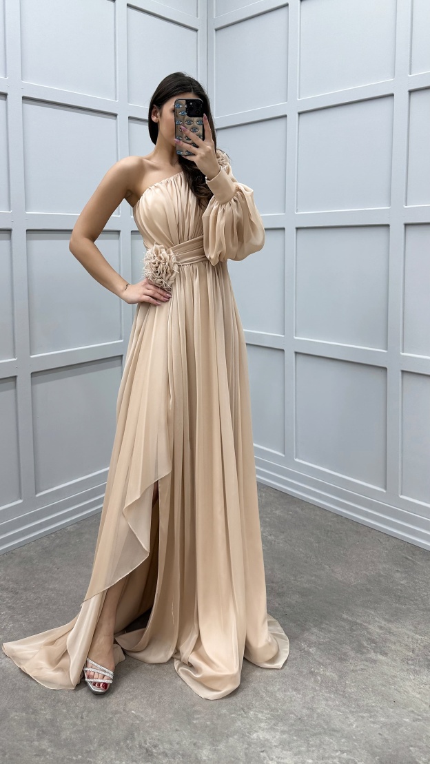 SINGLE SLEEVE SHOULDER AND WAIST ROSE DETAIL DESIGN DRESS