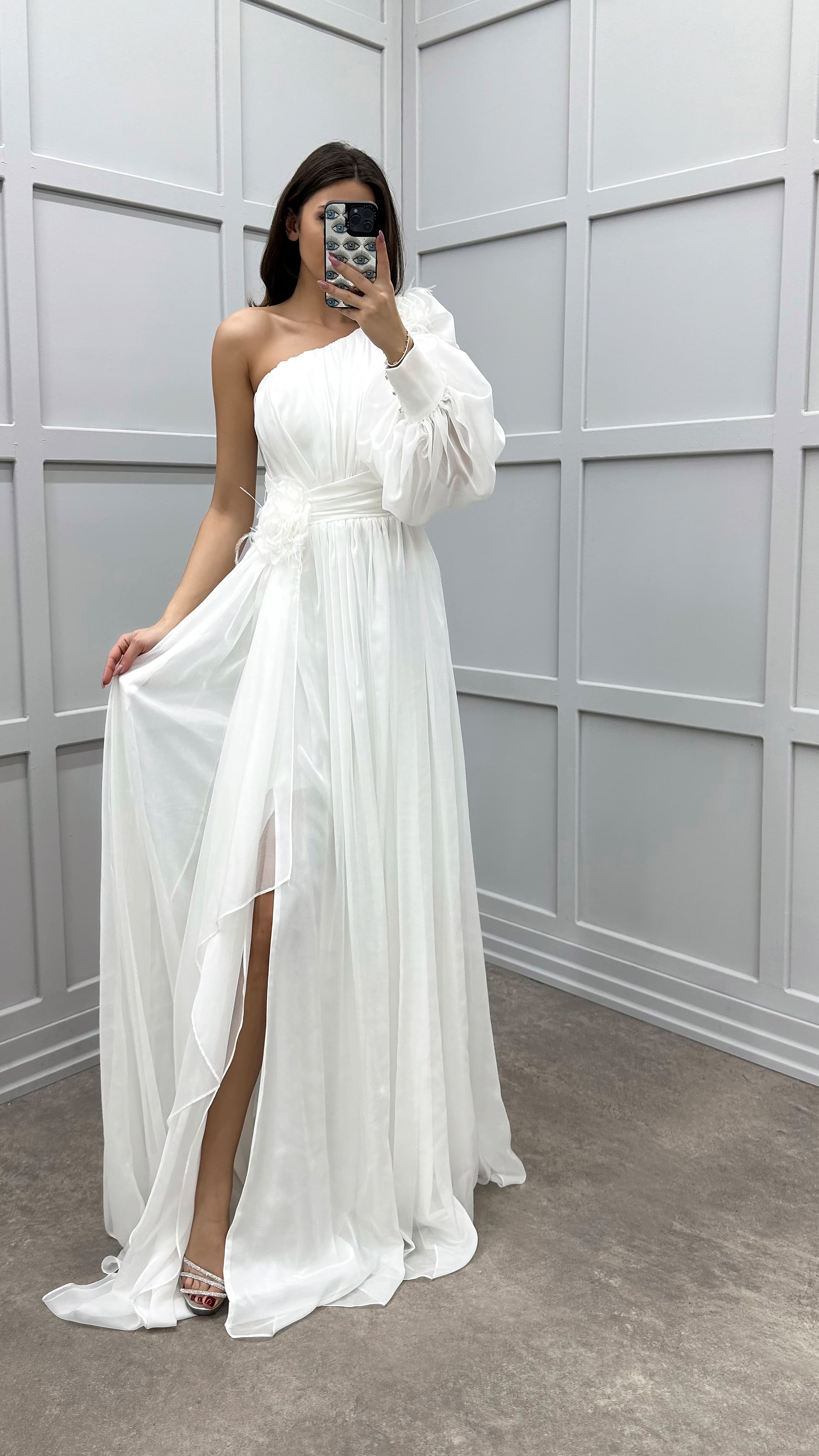 SINGLE SLEEVE SHOULDER AND WAIST ROSE DETAIL DESIGN DRESS