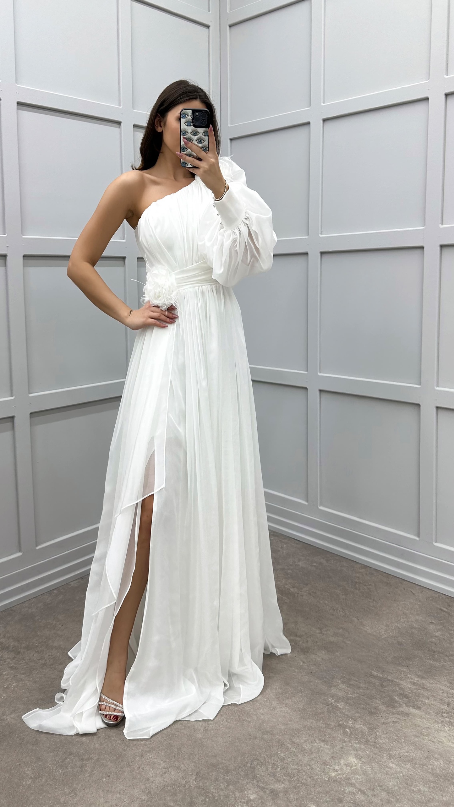 SINGLE SLEEVE SHOULDER AND WAIST ROSE DETAIL DESIGN DRESS