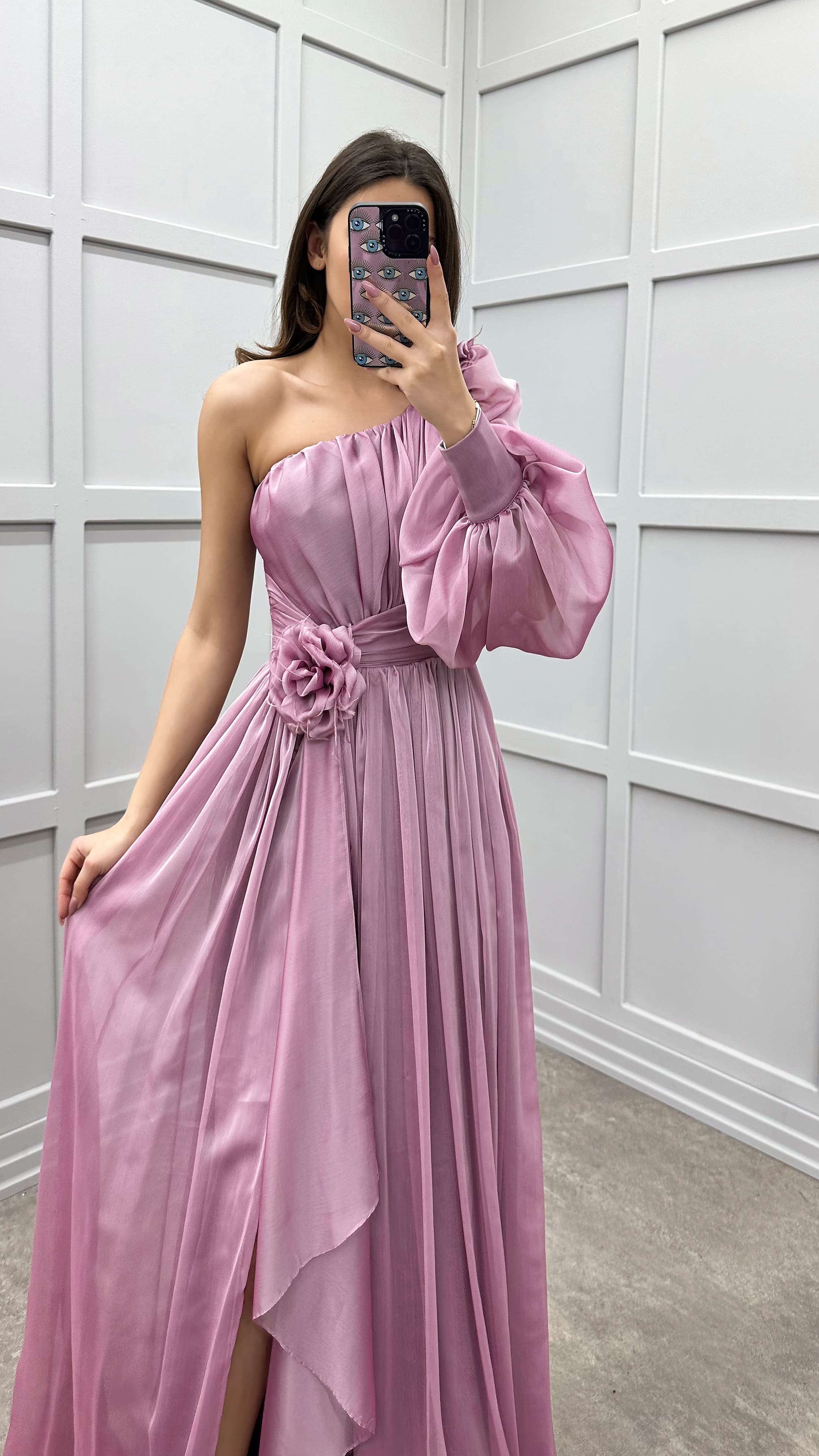 SINGLE SLEEVE SHOULDER AND WAIST ROSE DETAIL DESIGN DRESS