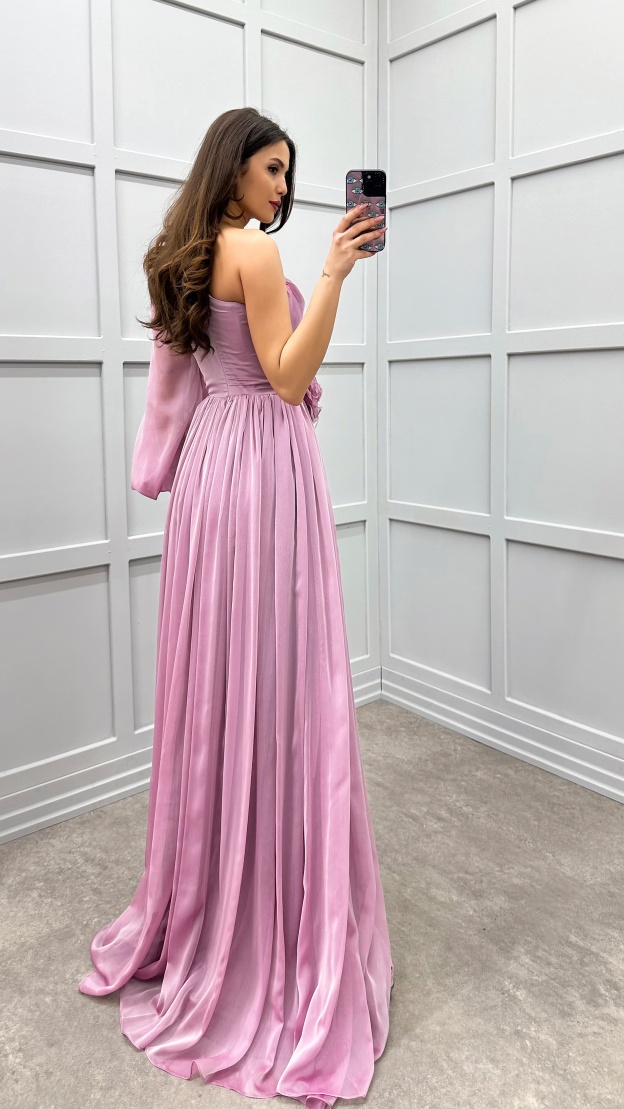 SINGLE SLEEVE SHOULDER AND WAIST ROSE DETAIL DESIGN DRESS