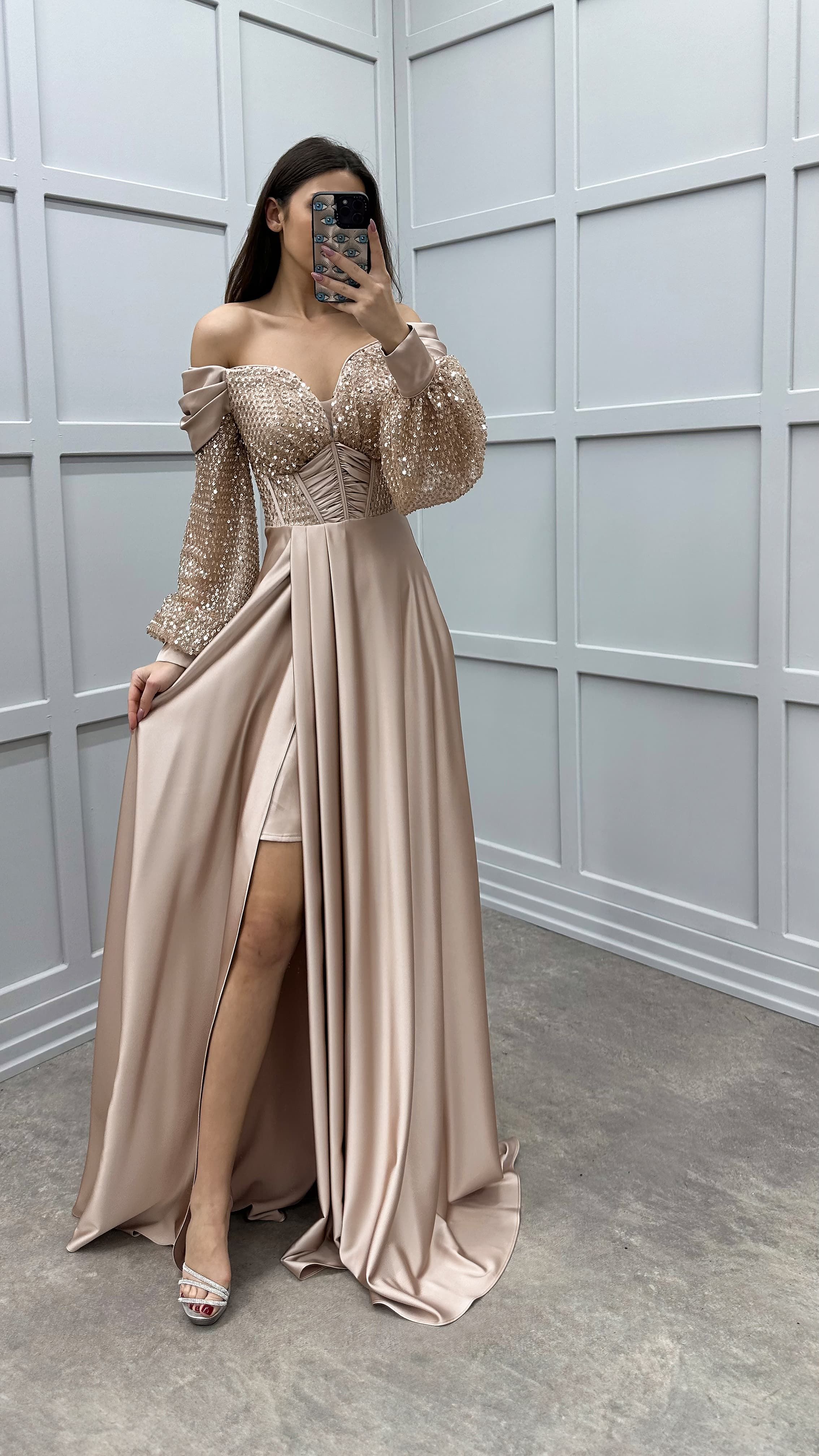 BALLOON SLEEVE CHEST SEQUIN SHOULDER DETAIL DESIGN SATIN EVENING DRESS