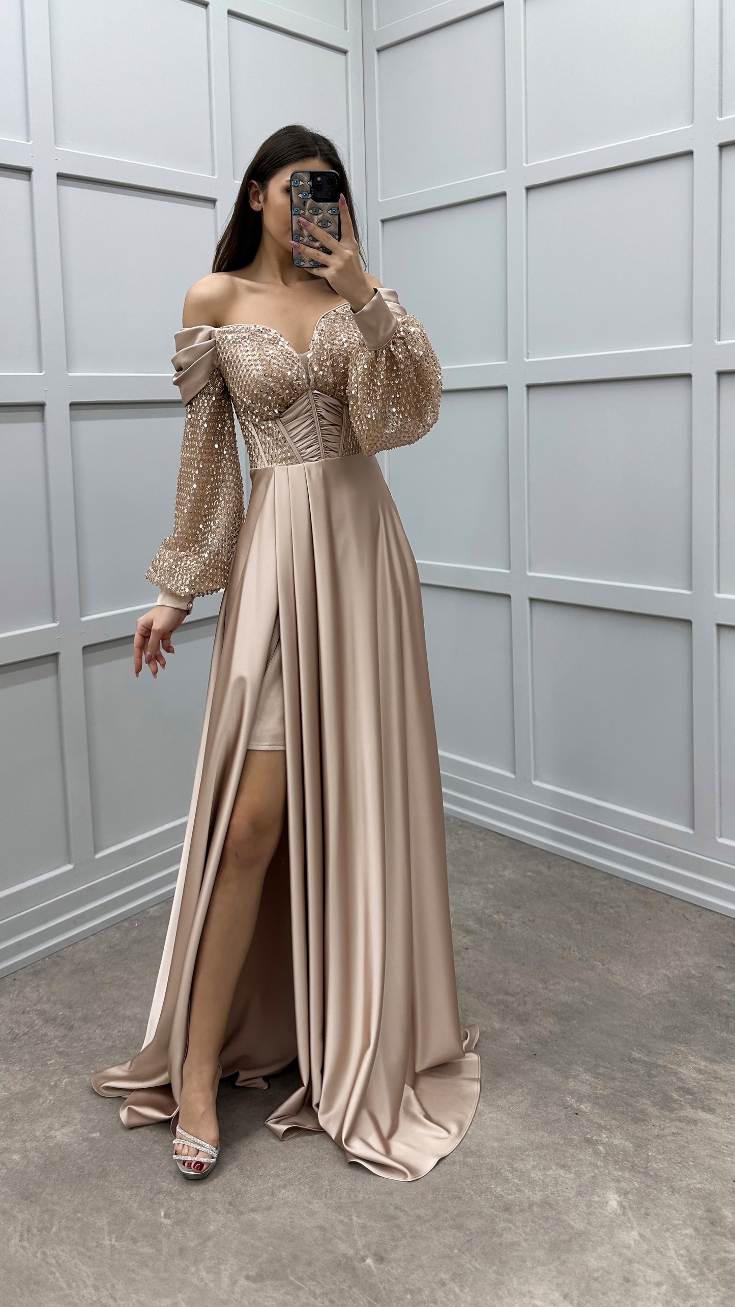 BALLOON SLEEVE CHEST SEQUIN SHOULDER DETAIL DESIGN SATIN EVENING DRESS