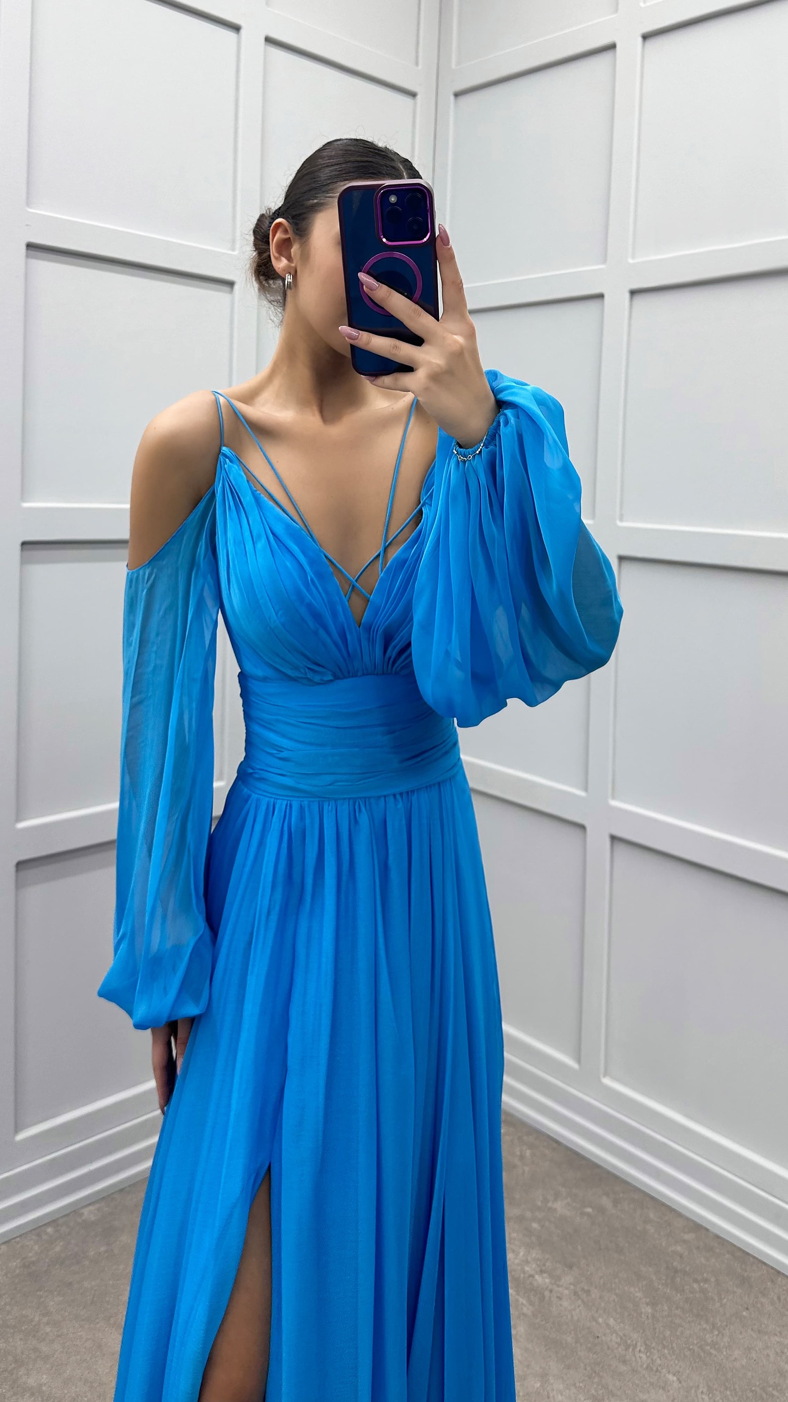 BLUE BACK ROPE BALLOON SLEEVE DESIGN CHIFFON DRESS