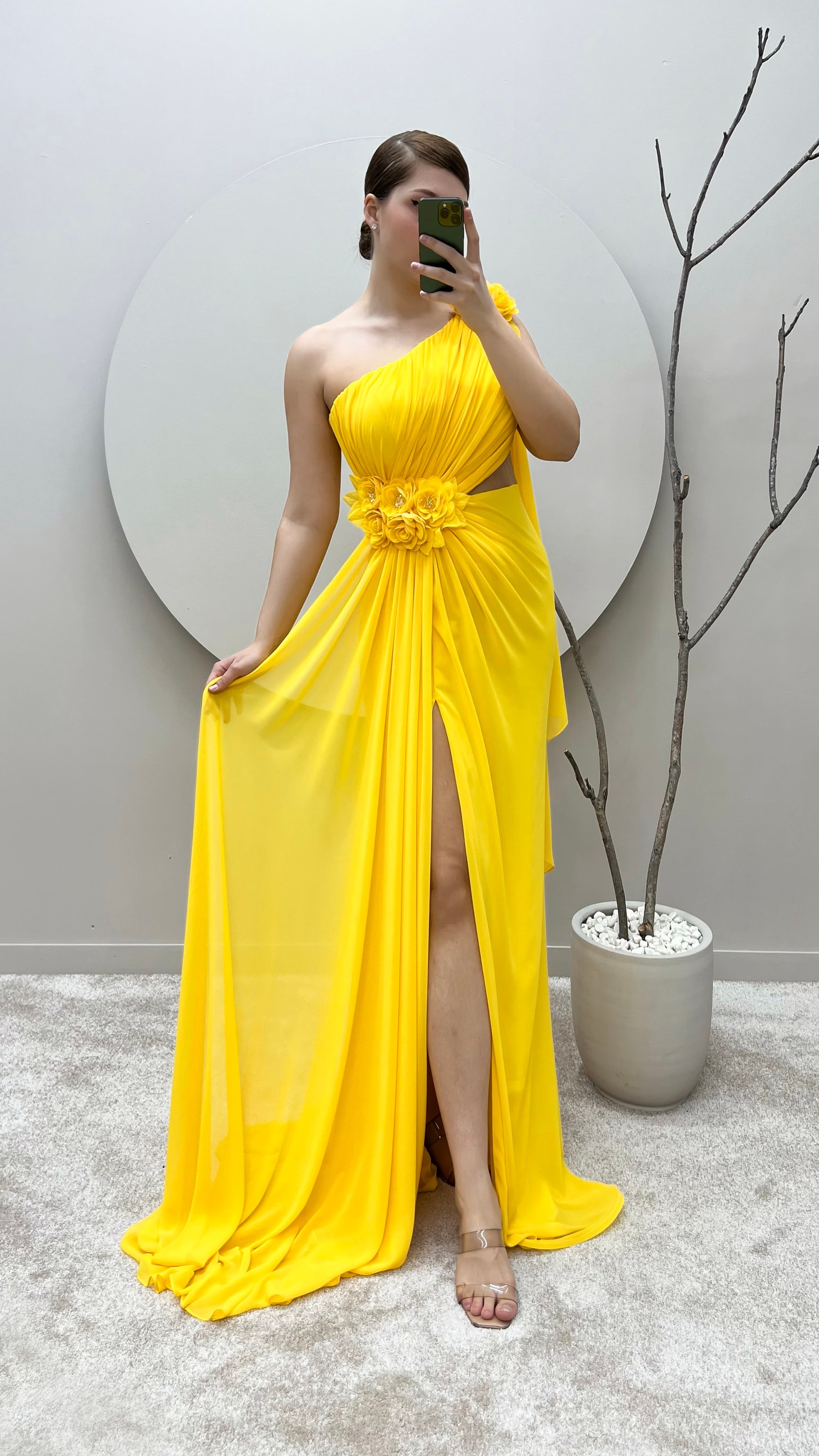 YELLOW ONE SHOULDER WAIST AND SHOULDER ROSE DETAIL TRANSPARENT PLUS SIZE EVENING DRESS