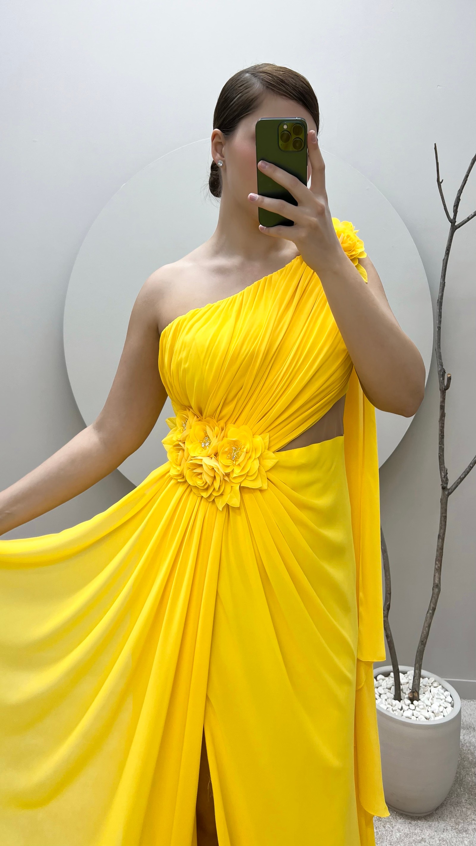 YELLOW ONE SHOULDER WAIST AND SHOULDER ROSE DETAIL TRANSPARENT PLUS SIZE EVENING DRESS