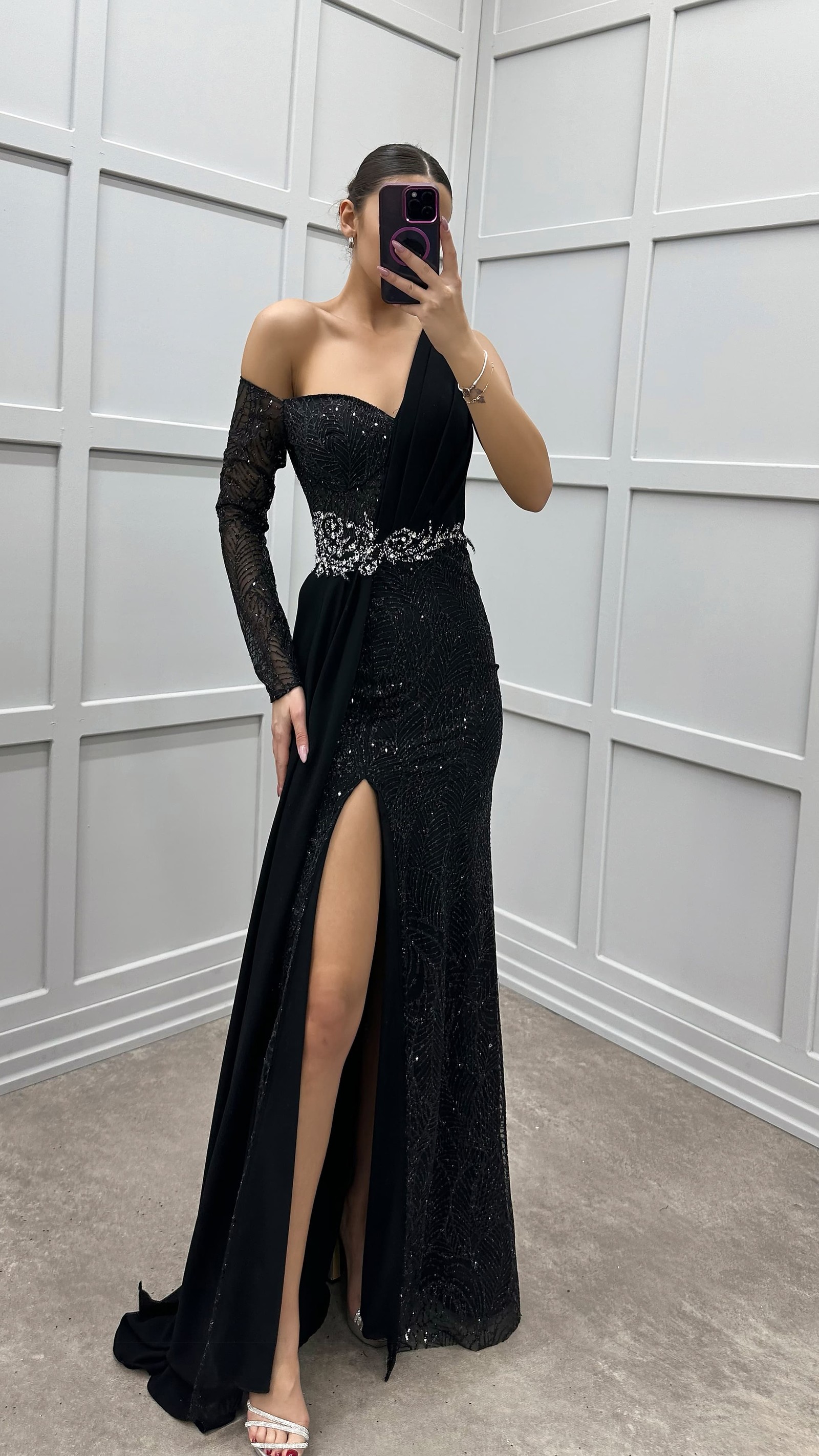 BLACK SINGLE SLEEVE WAIST STONE EVENING DRESS