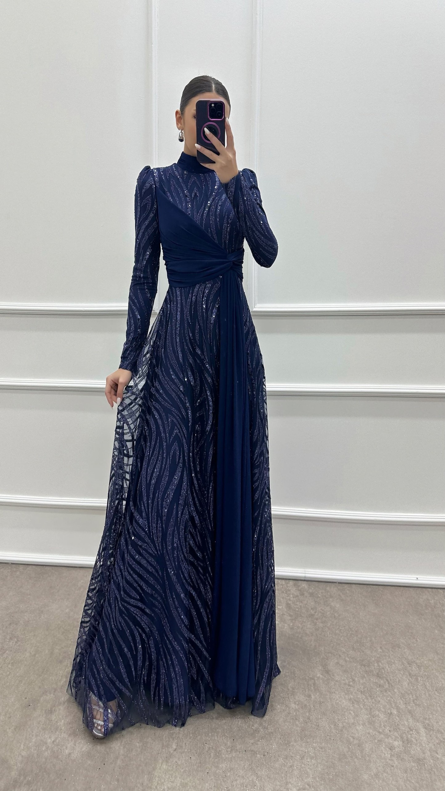 NAVY BLUE WAIST DETAIL EMBROIDERED DESIGN DRESS