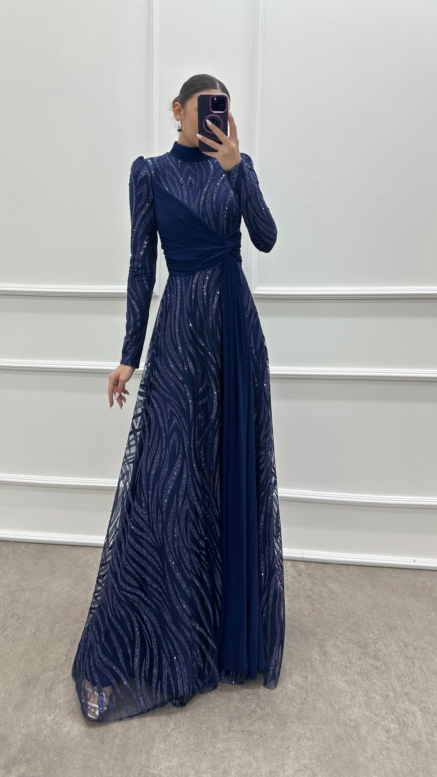 NAVY BLUE WAIST DETAIL EMBROIDERED DESIGN DRESS