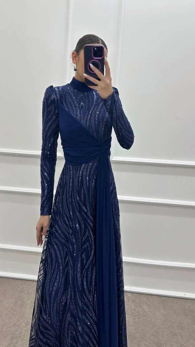 NAVY BLUE WAIST DETAIL EMBROIDERED DESIGN DRESS