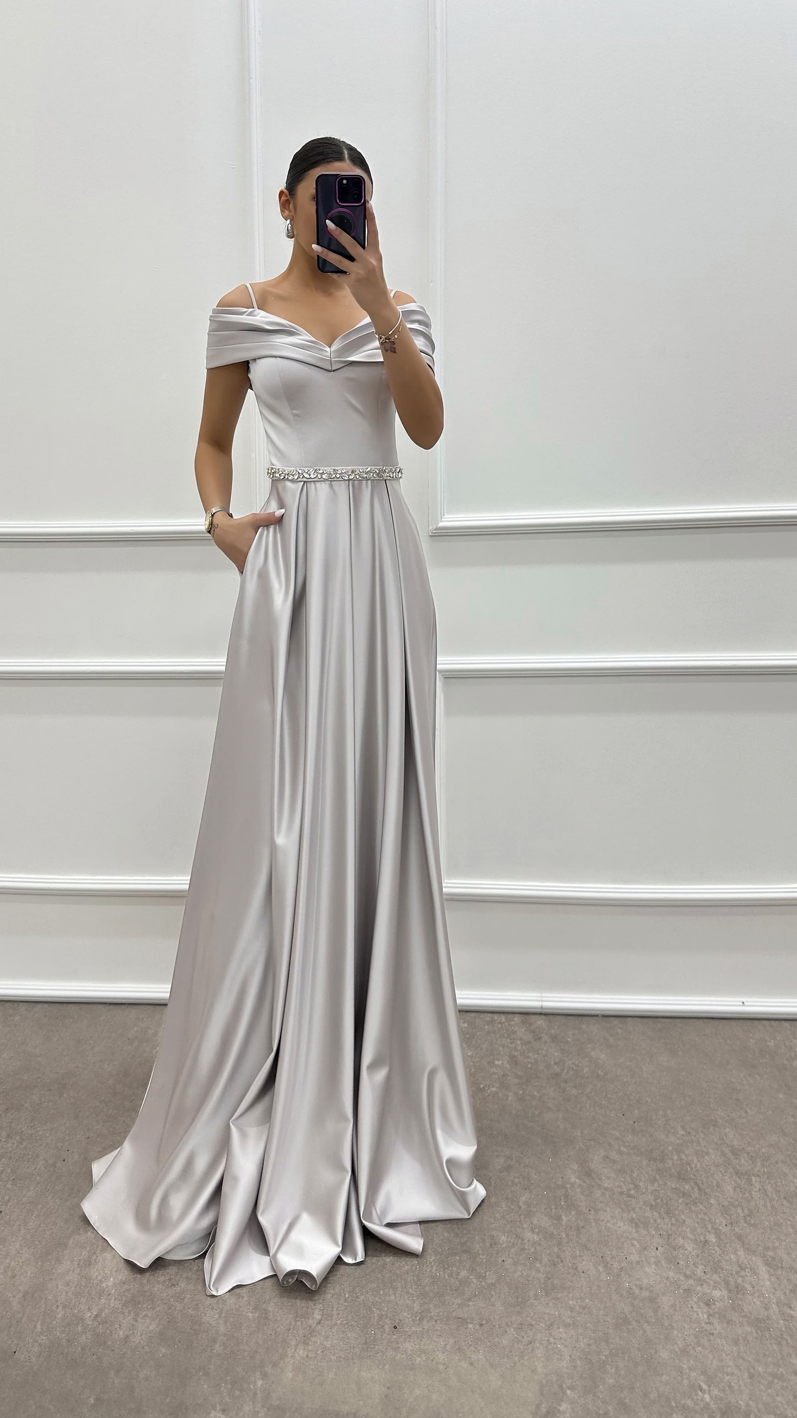 WHITE CHEST DETAIL WAIST STONE DESIGN SATIN EVENING DRESS