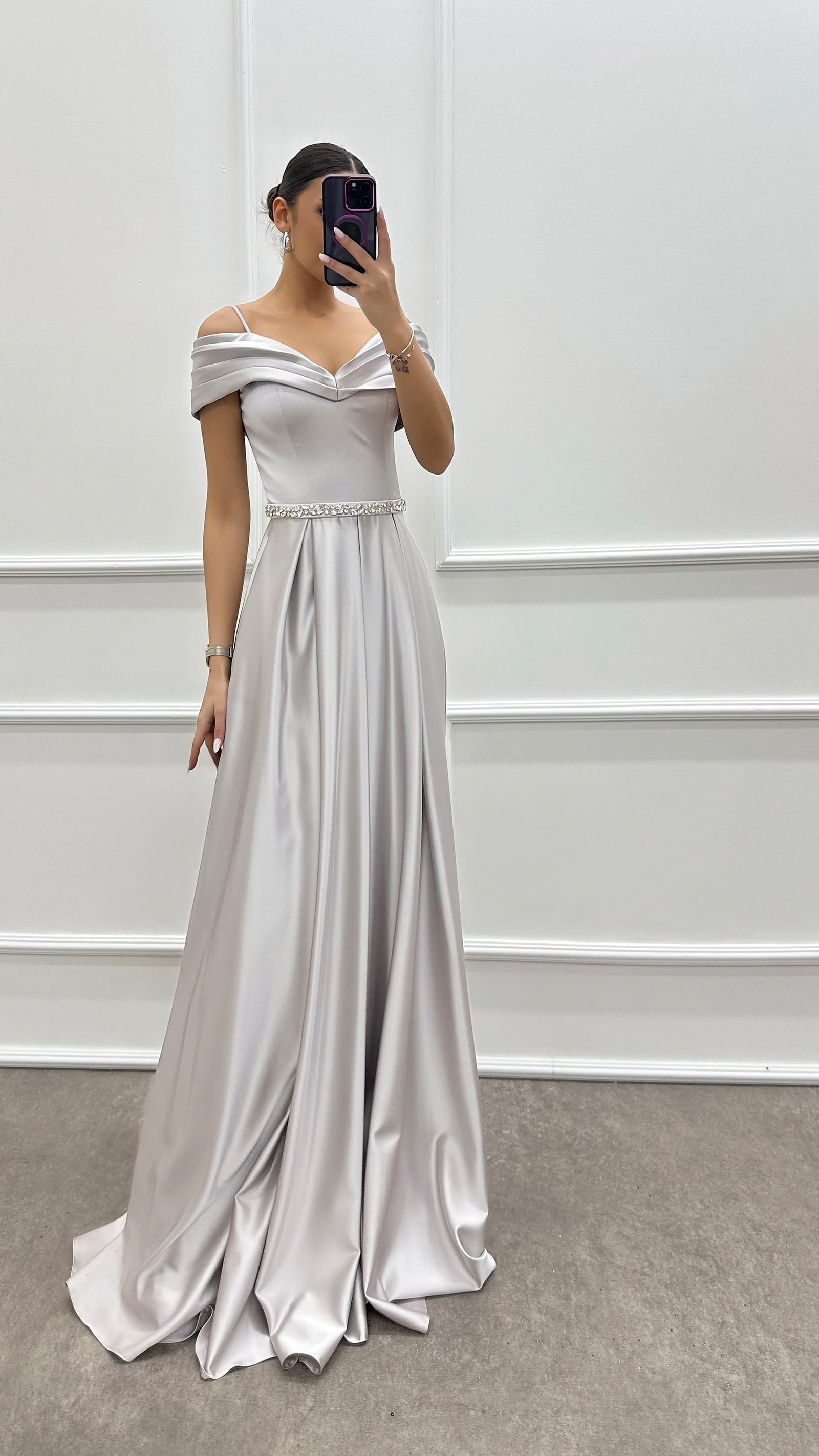 WHITE CHEST DETAIL WAIST STONE DESIGN SATIN EVENING DRESS