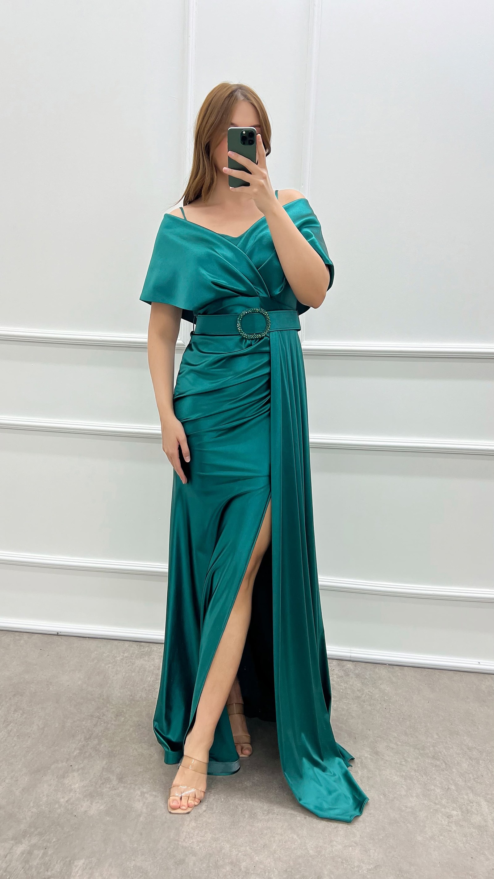 EMERALD GREEN DOUBLE-BREASTED COLLAR BELTED WAIST DETAIL SATIN EVENING DRESS