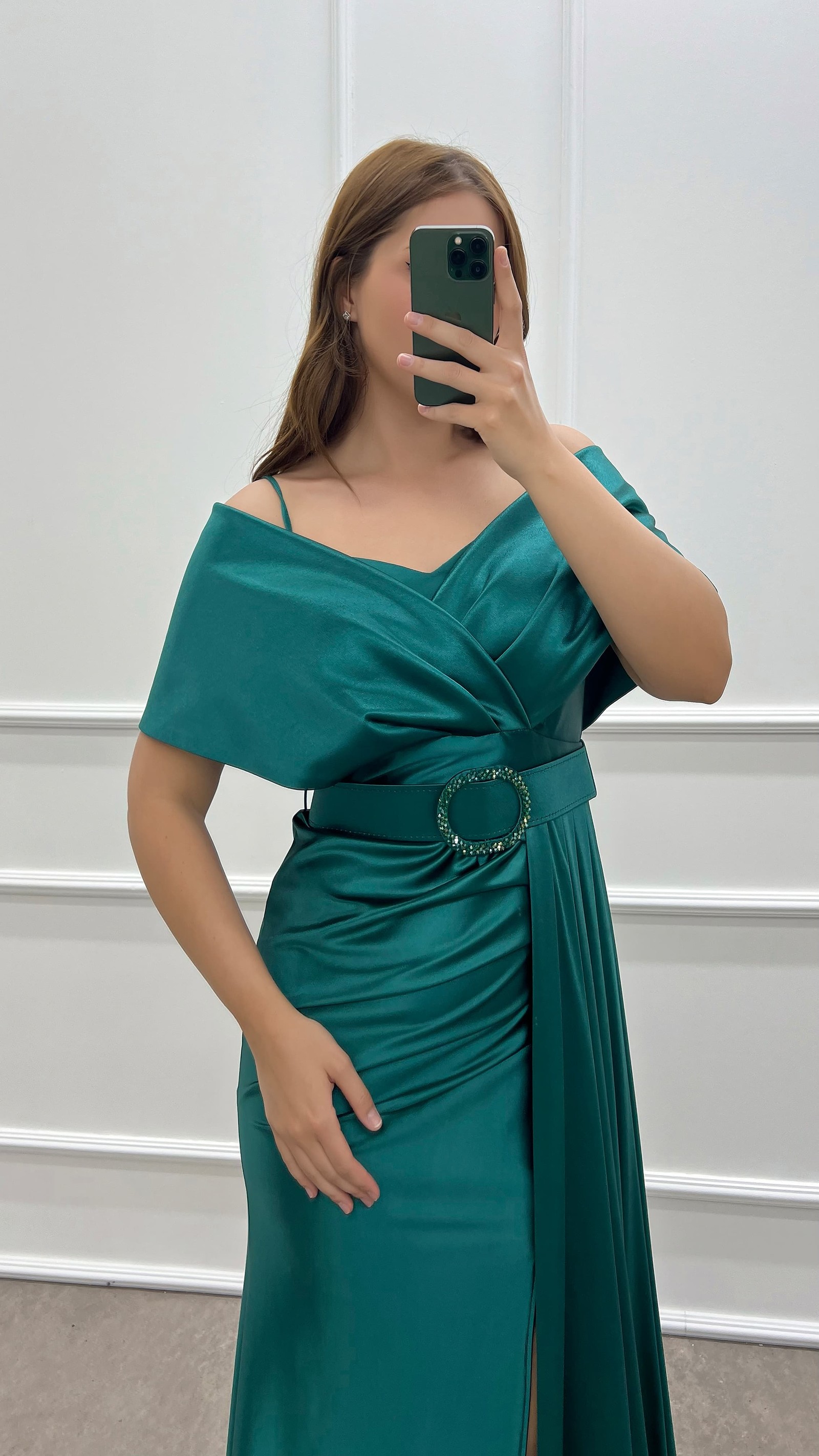 EMERALD GREEN DOUBLE-BREASTED COLLAR BELTED WAIST DETAIL SATIN EVENING DRESS