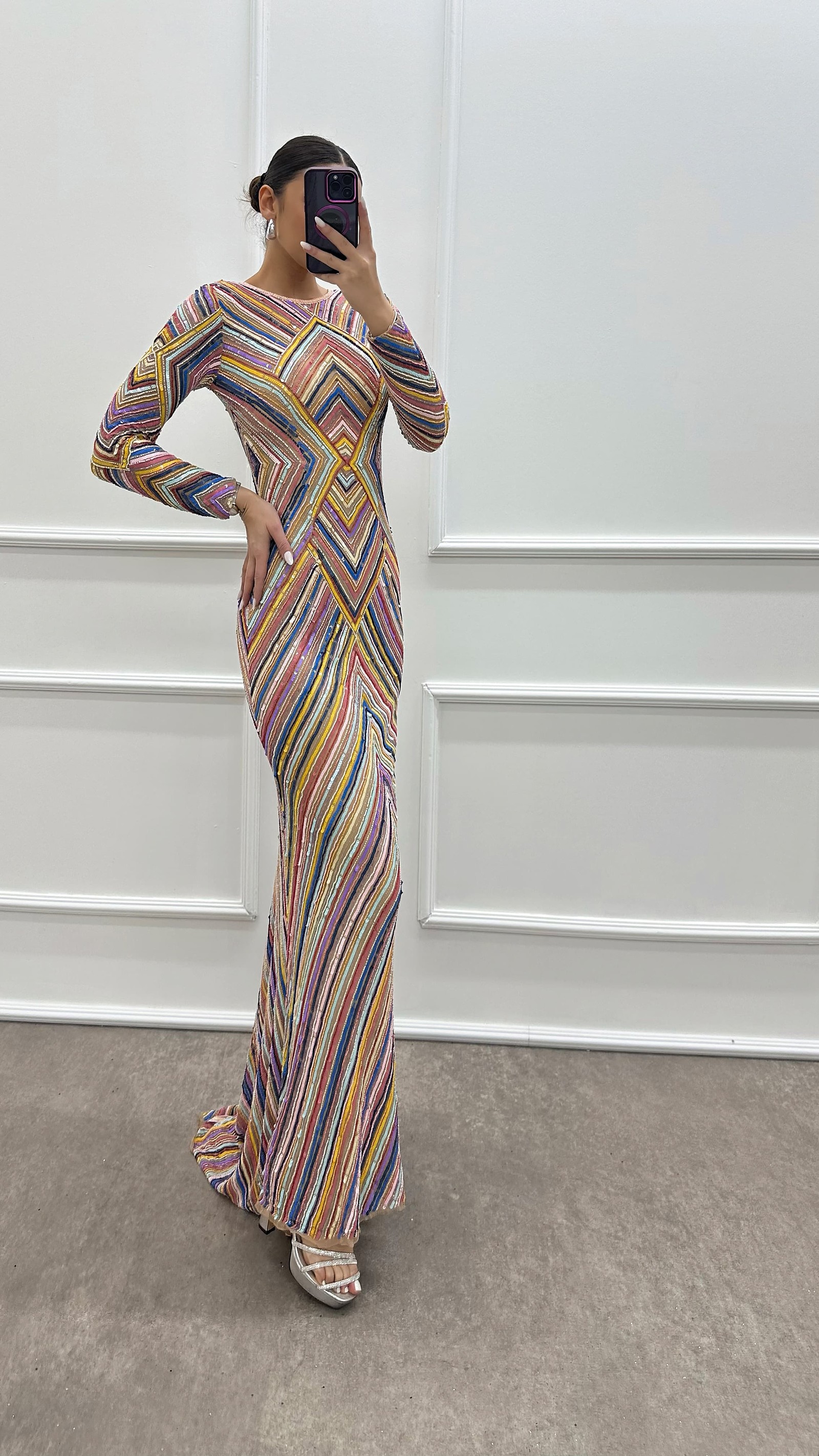 PINK PATTERNED SPECIAL DESIGN EVENING DRESS