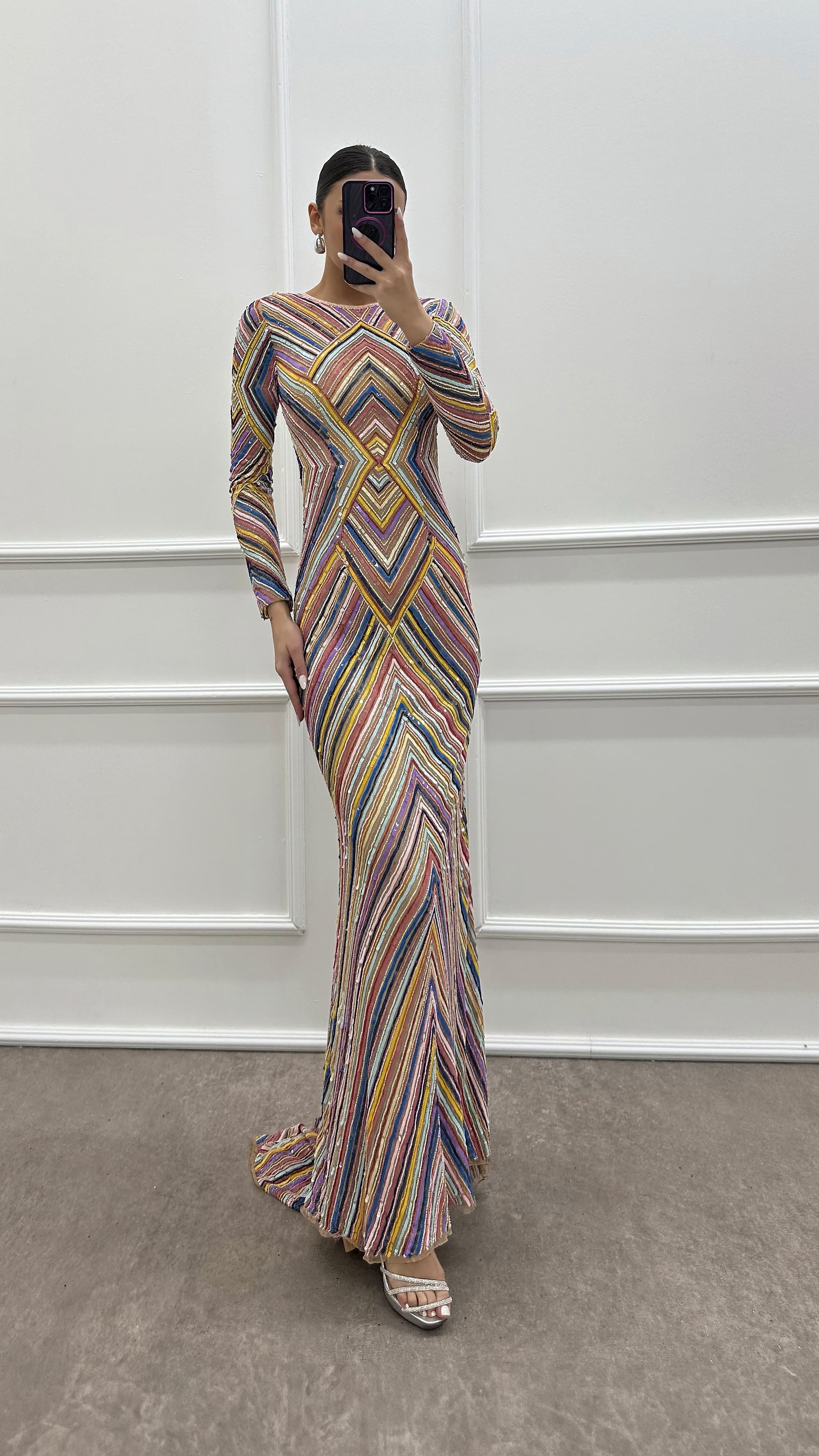 PINK PATTERNED SPECIAL DESIGN EVENING DRESS