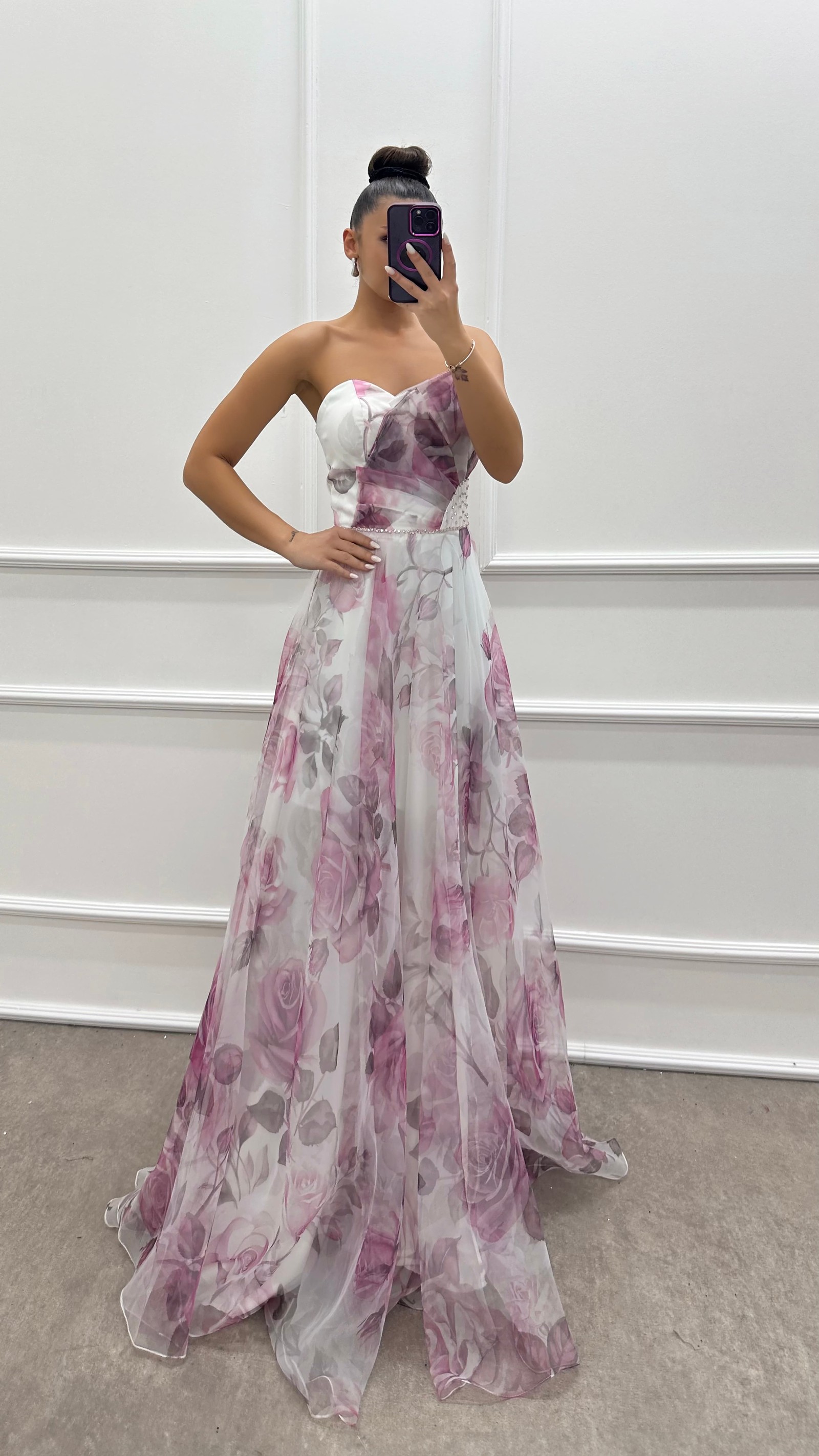 FUCHSIA STRAPLESS PATTERNED CHEST DETAIL CHIFFON DRESS