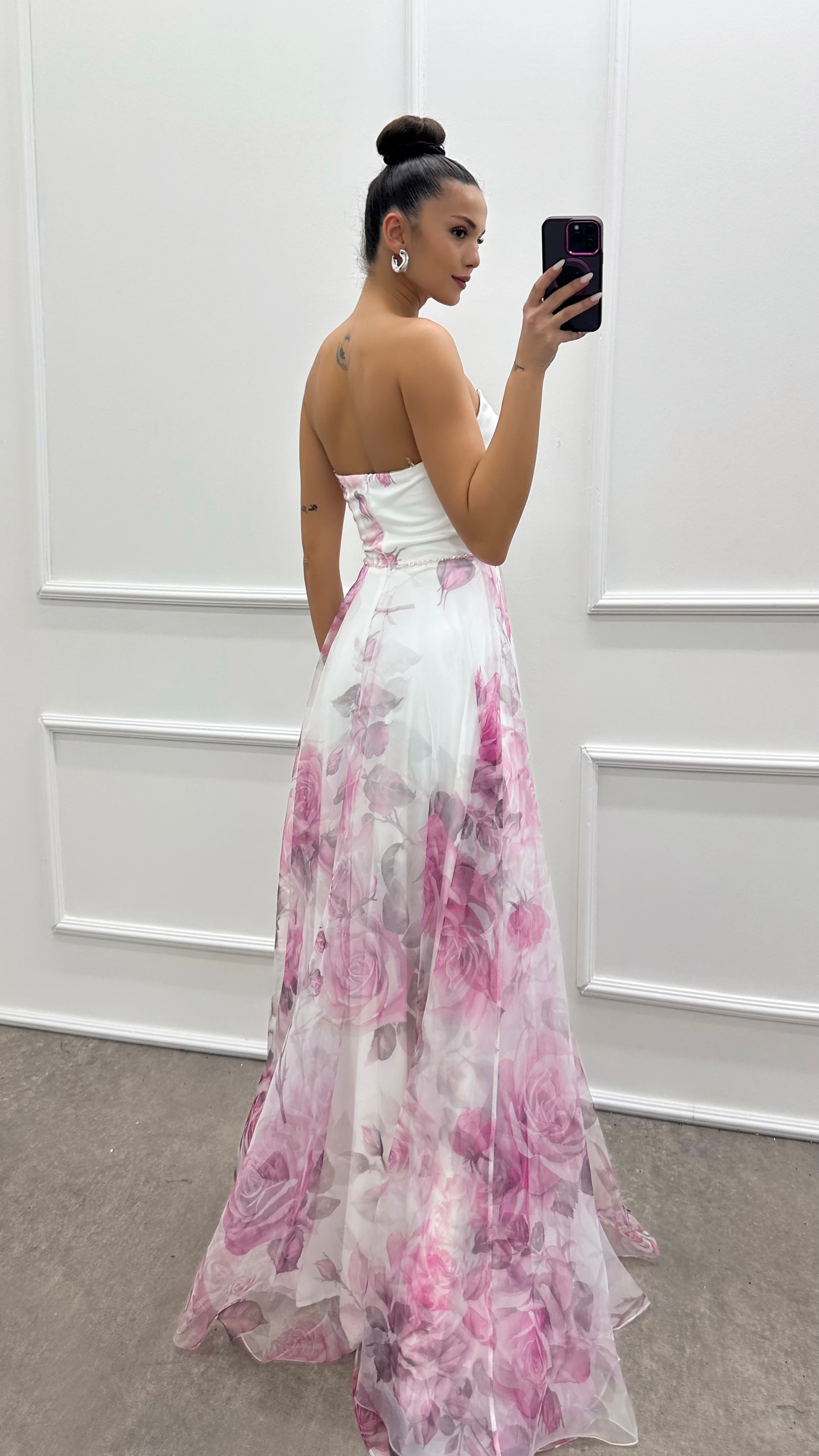 FUCHSIA STRAPLESS PATTERNED CHEST DETAIL CHIFFON DRESS