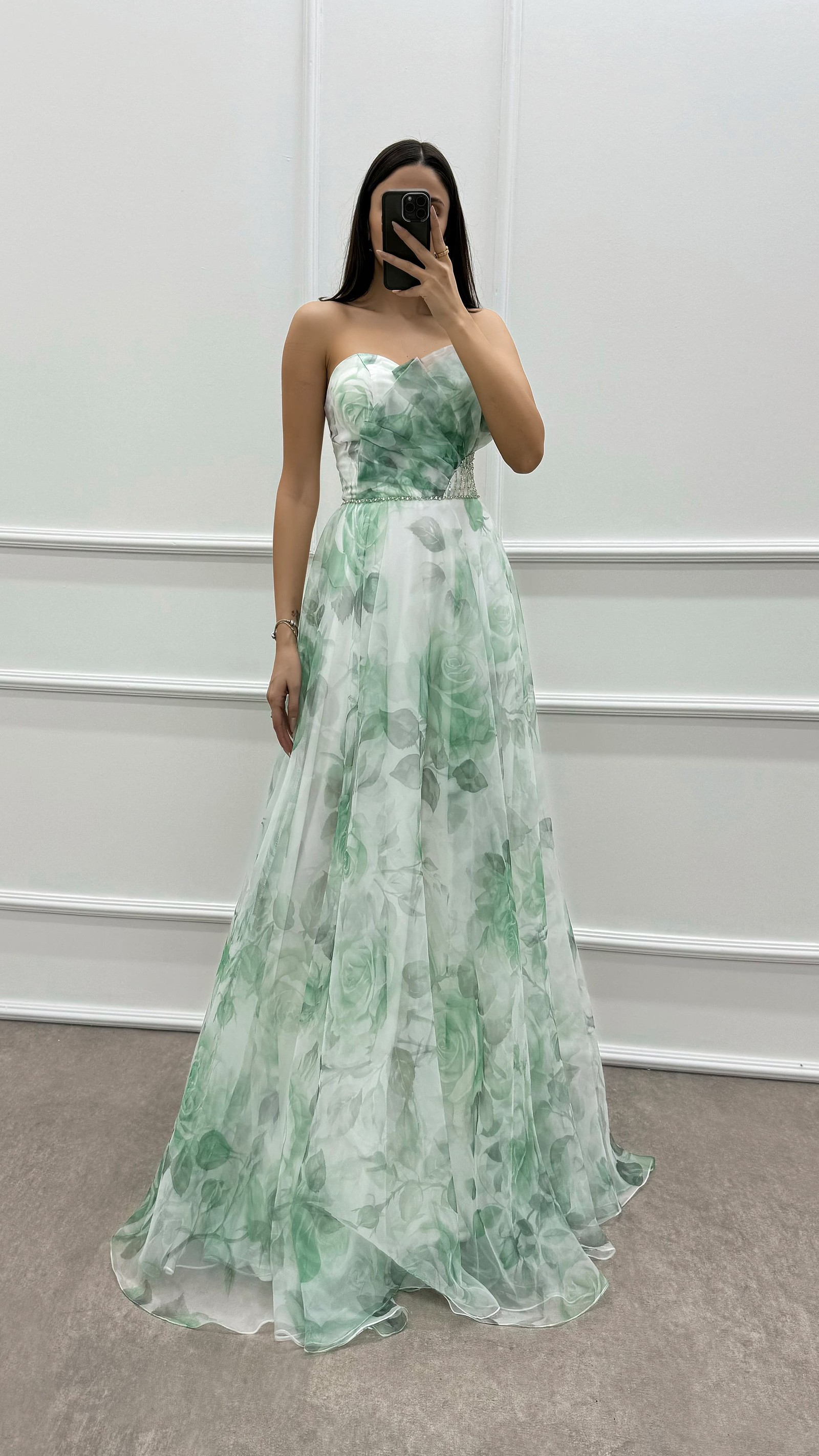 FUCHSIA STRAPLESS PATTERNED CHEST DETAIL CHIFFON DRESS